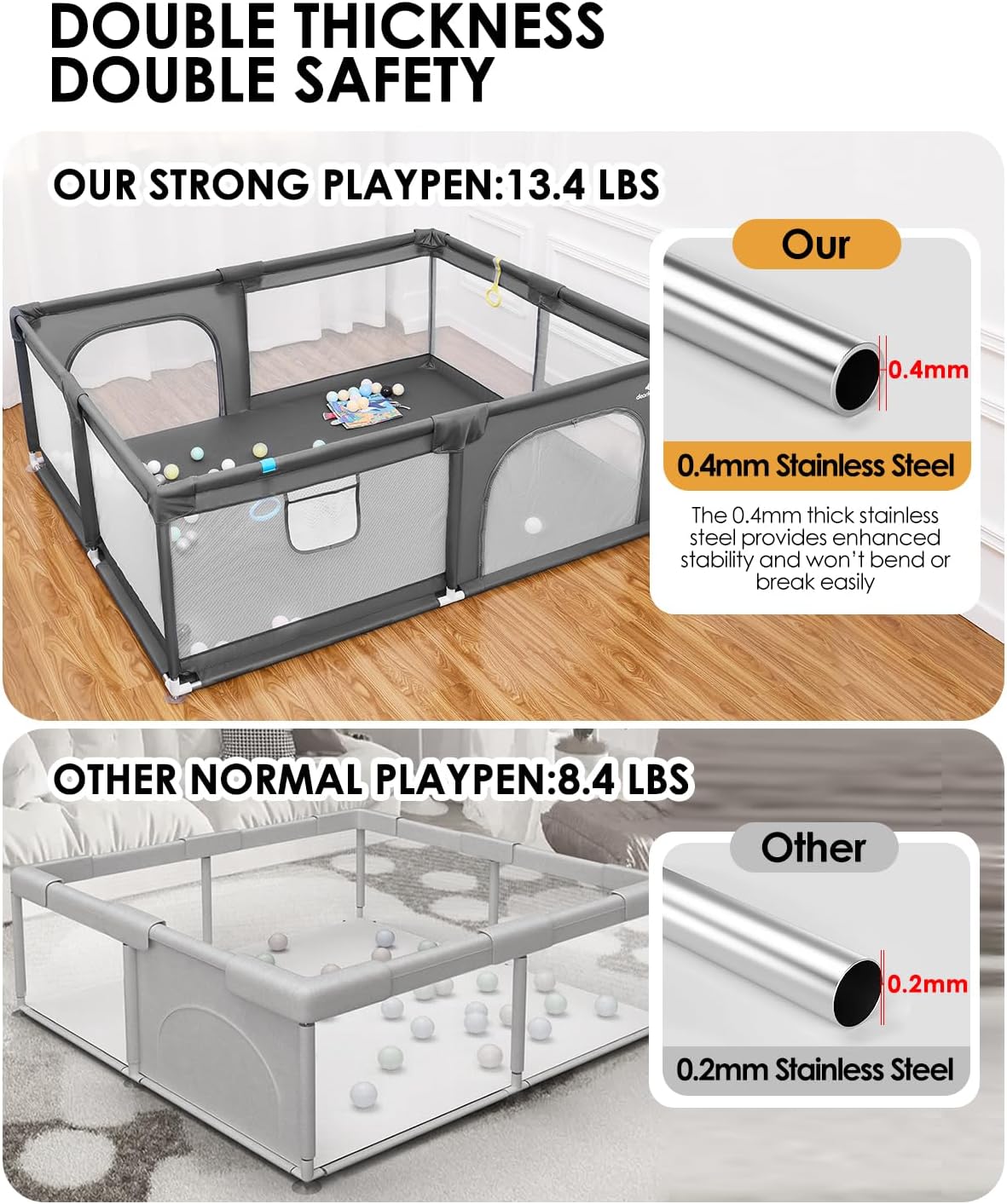 Thumbnail 5 de Extra Large Baby Playpen Play Yard (130x130x66cm) with Anti-Slip Base, BPA-Free, Grey