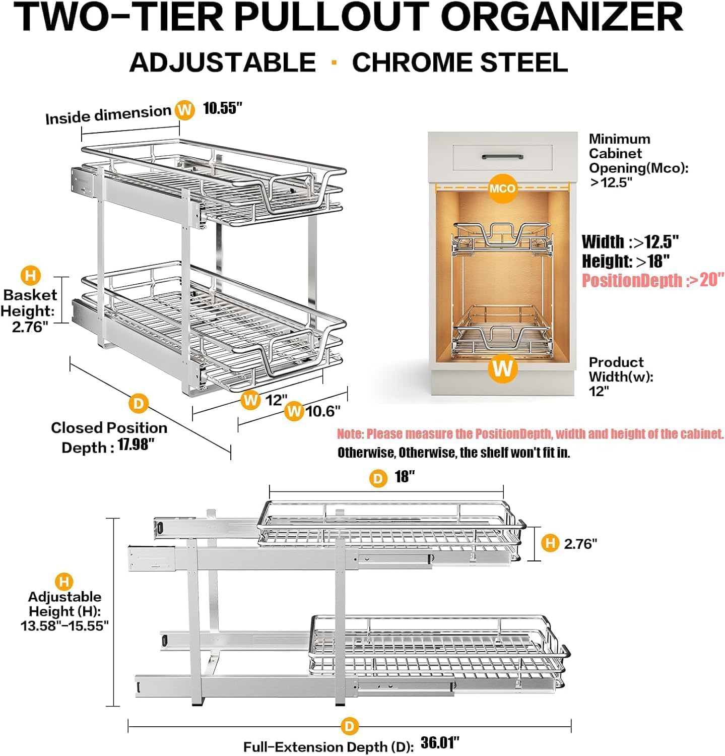 Detalle 2 de QUYUWU 2-Tier pull out pantry organizer 12 in
