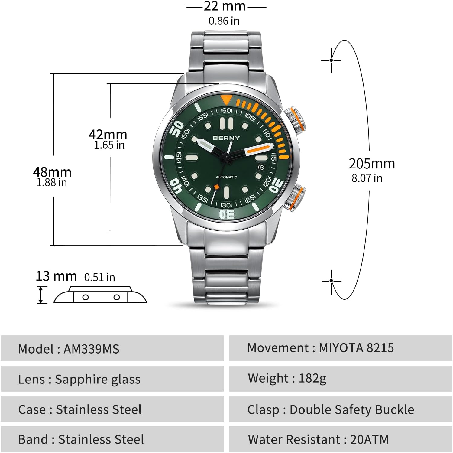 Detalle 2 de BERNY Automatikuhr für Männer 200M Taucheruhr – Saphirglas, Edelstahlband, Leuchtkraft