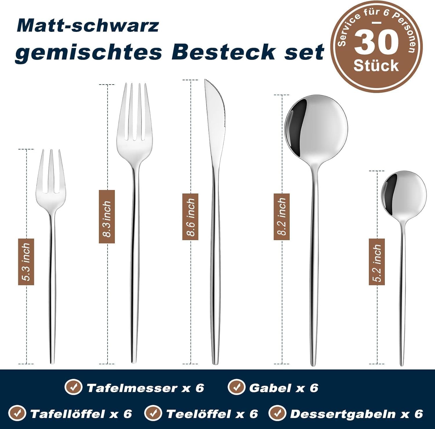 Thumbnail 1 de Bestdin set di posate in acciaio inox per 6 persone (30 pezzi) con coltelli, forchette e cucchiai, lavabili in lavastoviglie