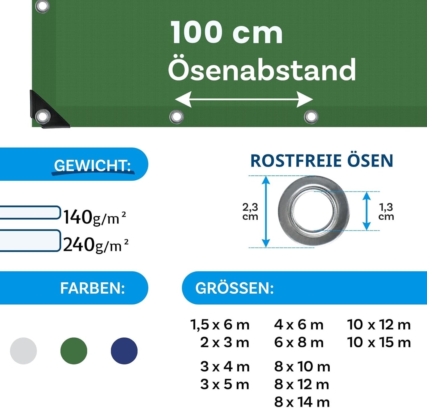 Thumbnail 6 de etm Abdeckplane wasserdicht 240 g/m², 3x5 m, grün – UV-stabil mit Metallösen