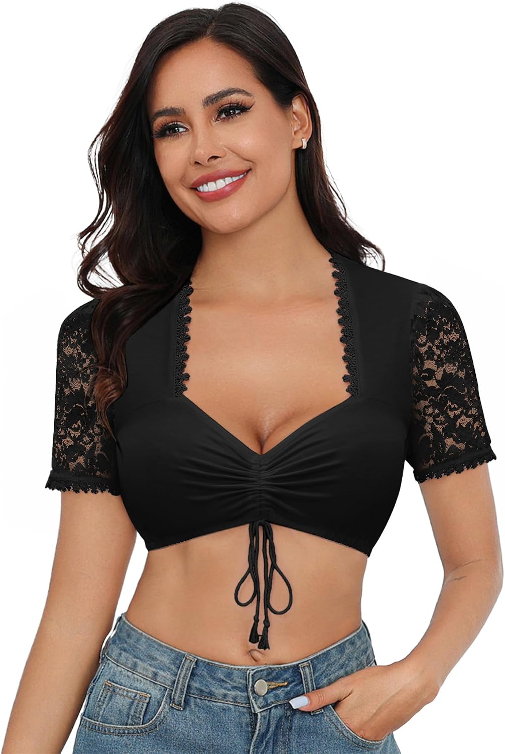 Thumbnail 5 de Zeagoo Dirndl Bluse Damen Spitze – Weiß, Kurzarm, V-Ausschnitt, Trachtenbluse XS–3XL