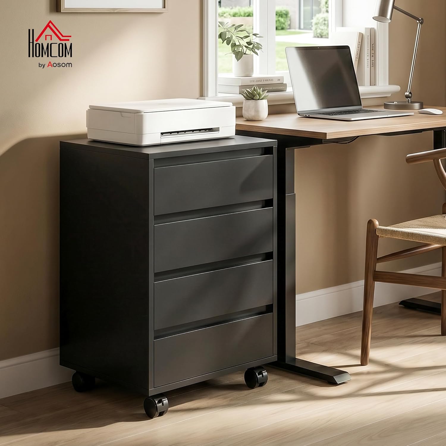 Detalle 2 de Caisson de bureau HOMCOM – rangement sur roulettes, 4 tiroirs coulissants en bois, noir