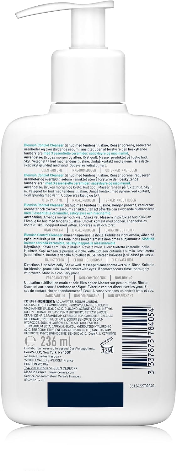 Detalle de CeraVe Gel Moussant Anti-Imperfections 2% Acide Salicylique – Nettoyant purifiant pour peau grasse et réactive