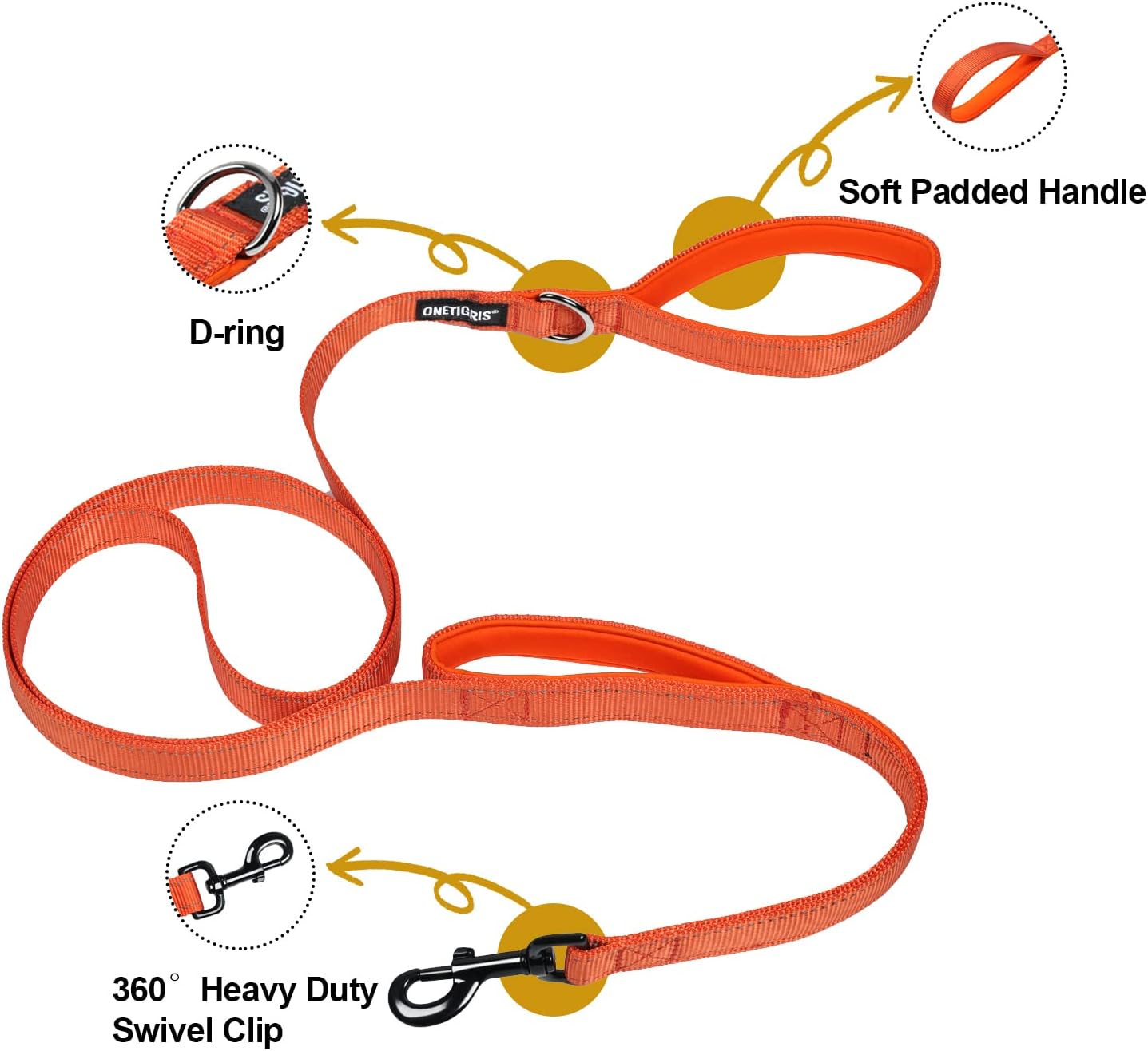 Thumbnail 6 de OneTigris Laisse pour chien sans tirage – 1,8 m, nylon 1000D, 2 poignées (orange)