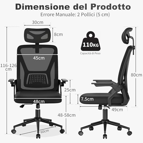 Detalle de naspaluro Sedia da Ufficio con Braccioli Ribaltabili a 90° e Schienale in Rete 3D, Nero