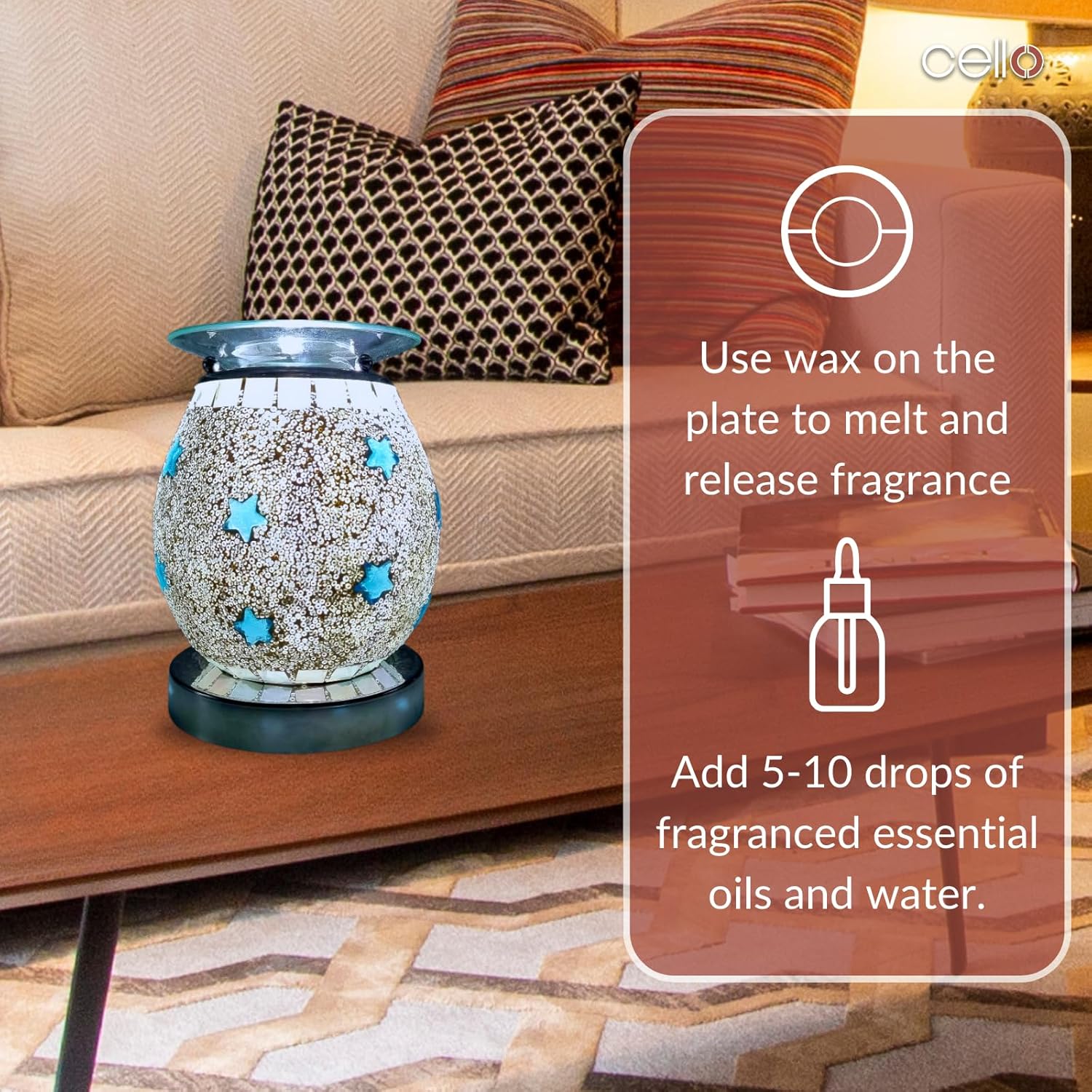 Thumbnail 2 de Cello Blue Star Mosaic Touch Electric Wax Melt & Oil Burner (Touch Control, Night Light)