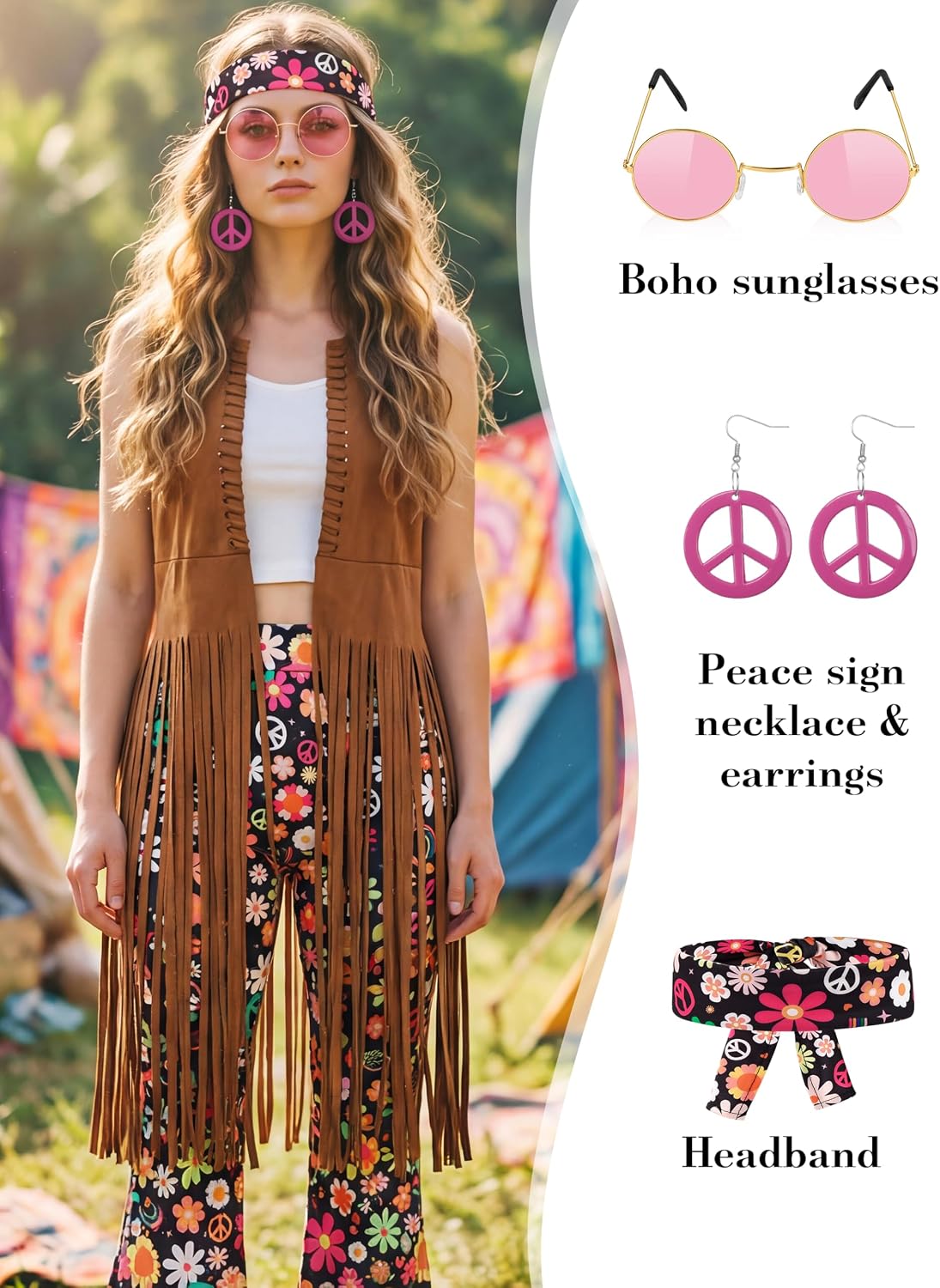 Detalle de SOMSOC 7-Piece Women's 60s & 70s Hippie Costume Set with Fringe Vest