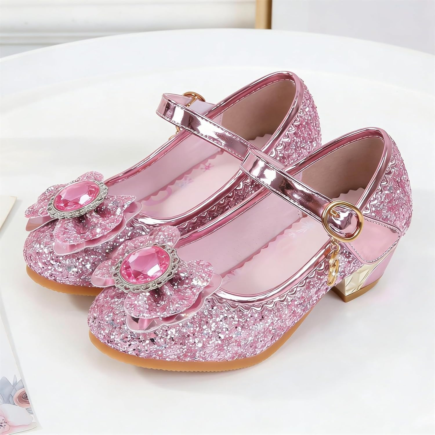 Detalle 2 de FStory&Winyee Mädchen Prinzessin Sandalen mit Absatz – Elsa-inspiriert, Glitzer & Kristalle, Rosa, Größe 36 EU