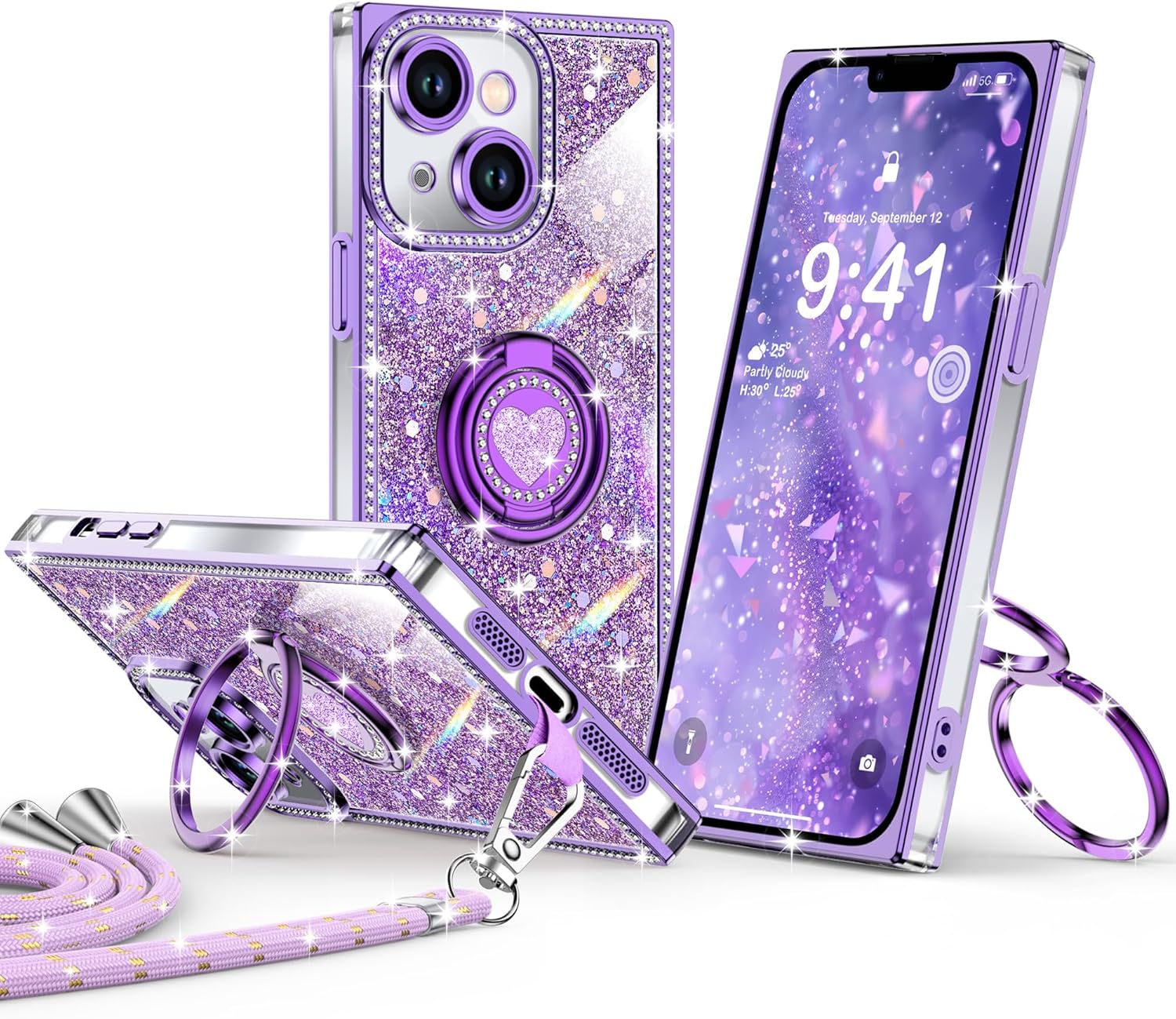 Thumbnail 6 de XYZ Glitter Bling Case for iPhone 15 Pro Max (Purple) with Heart Stand & Lanyard