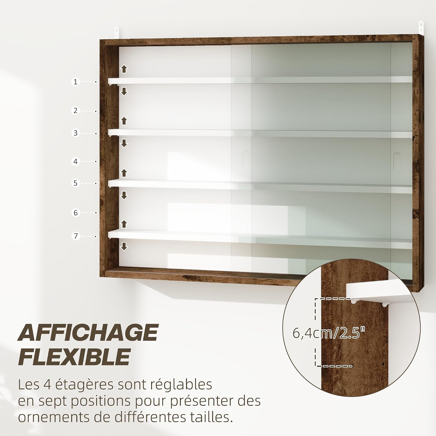 Detalle 2 de HOMCOM 833-761V00RB wandvitrine met 4 verstelbare legplanken en glazen schuifdeuren