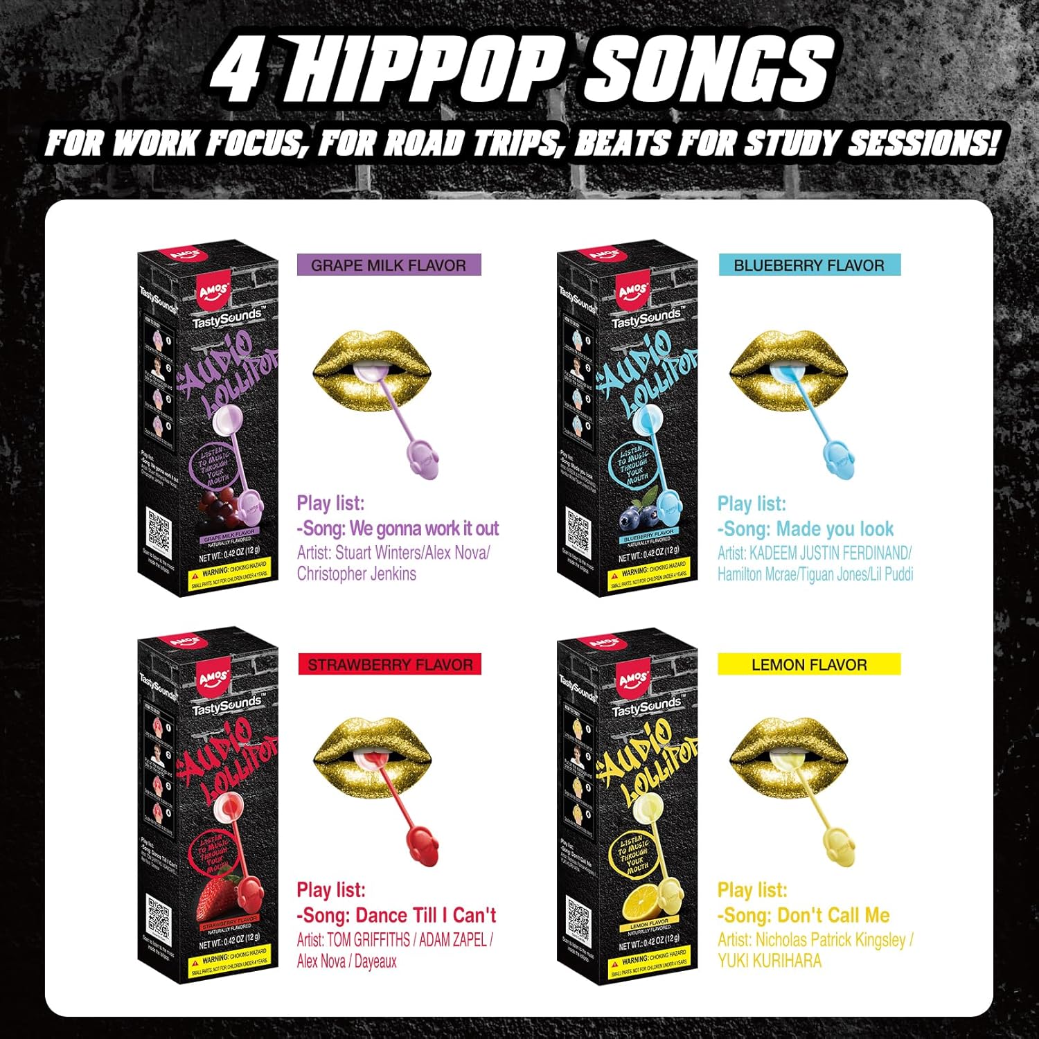 Detalle 2 de AMOS Musik-Lutscher Audio Lollipop 4er-Set (Erdbeere, Traube, Blaubeere, Zitrone) – zuckerfrei, glutenfrei, einzeln verpackt
