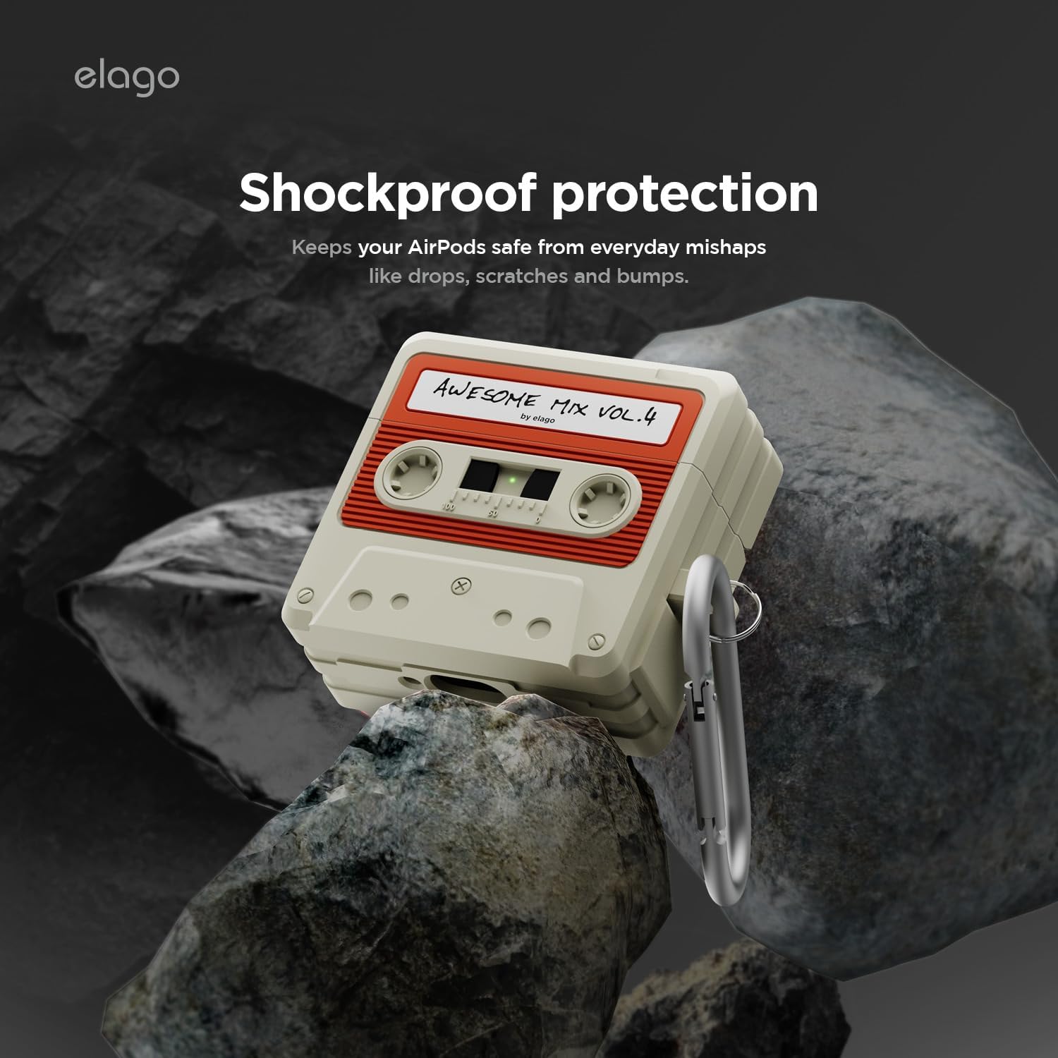 Detalle de elago Coque Cassette pour étui AirPods 4 avec mousqueton – silicone résistante aux chocs, compatible charge sans fil (blanc classique)