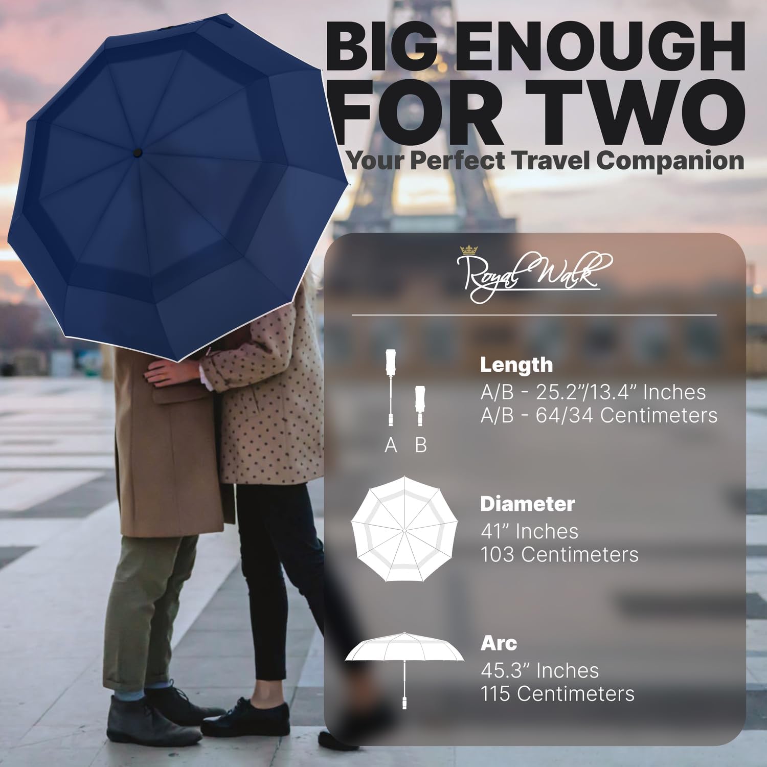 Thumbnail 1 de Royal Walk Windproof Folding Travel Umbrella with Vented Double Canopy and Real Wood Handle (Dark Blue)