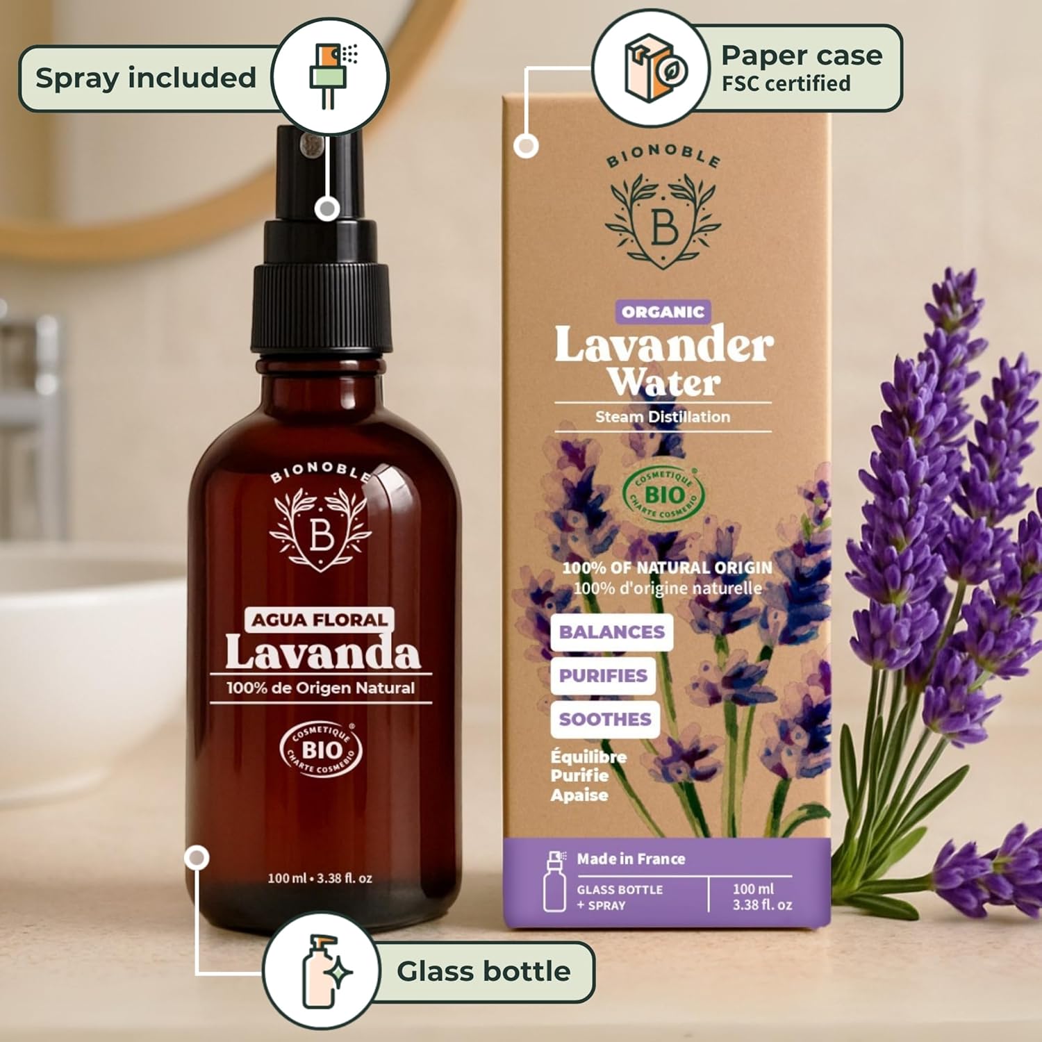 Thumbnail 4 de BIONOBLE Organic Lavender Water for Skin – 100ml Glass Spray