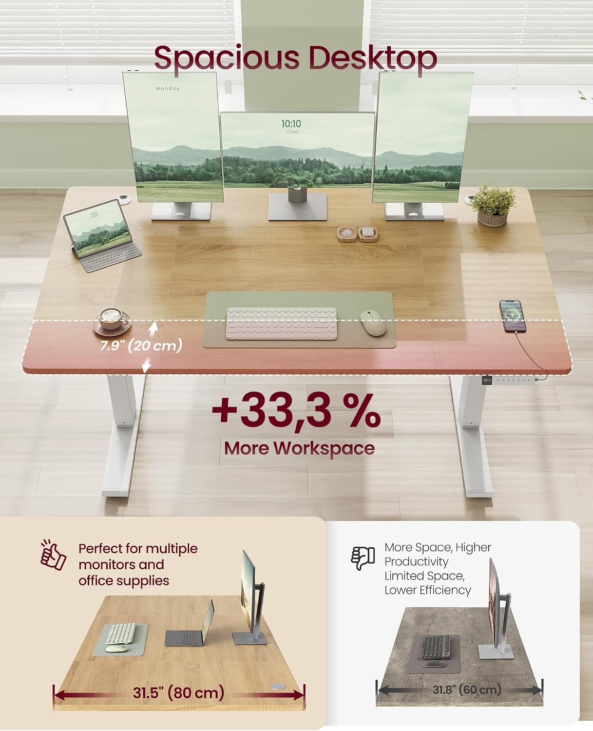 Thumbnail 3 de VASAGLE Electric Standing Desk LSD144YA03: 140 x 80 cm, USB-C, Cable Tray, Golden Oak