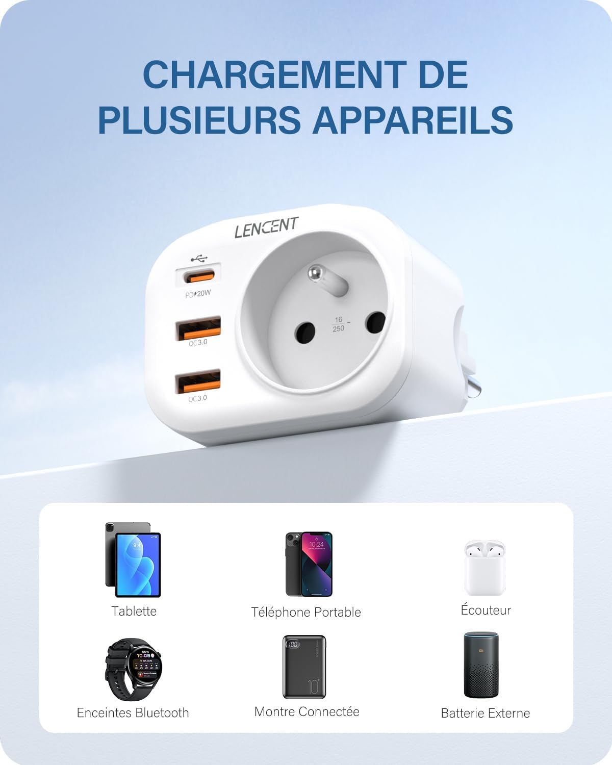 Detalle 2 de LENCENT Prise USB 20W Chargeur Rapide