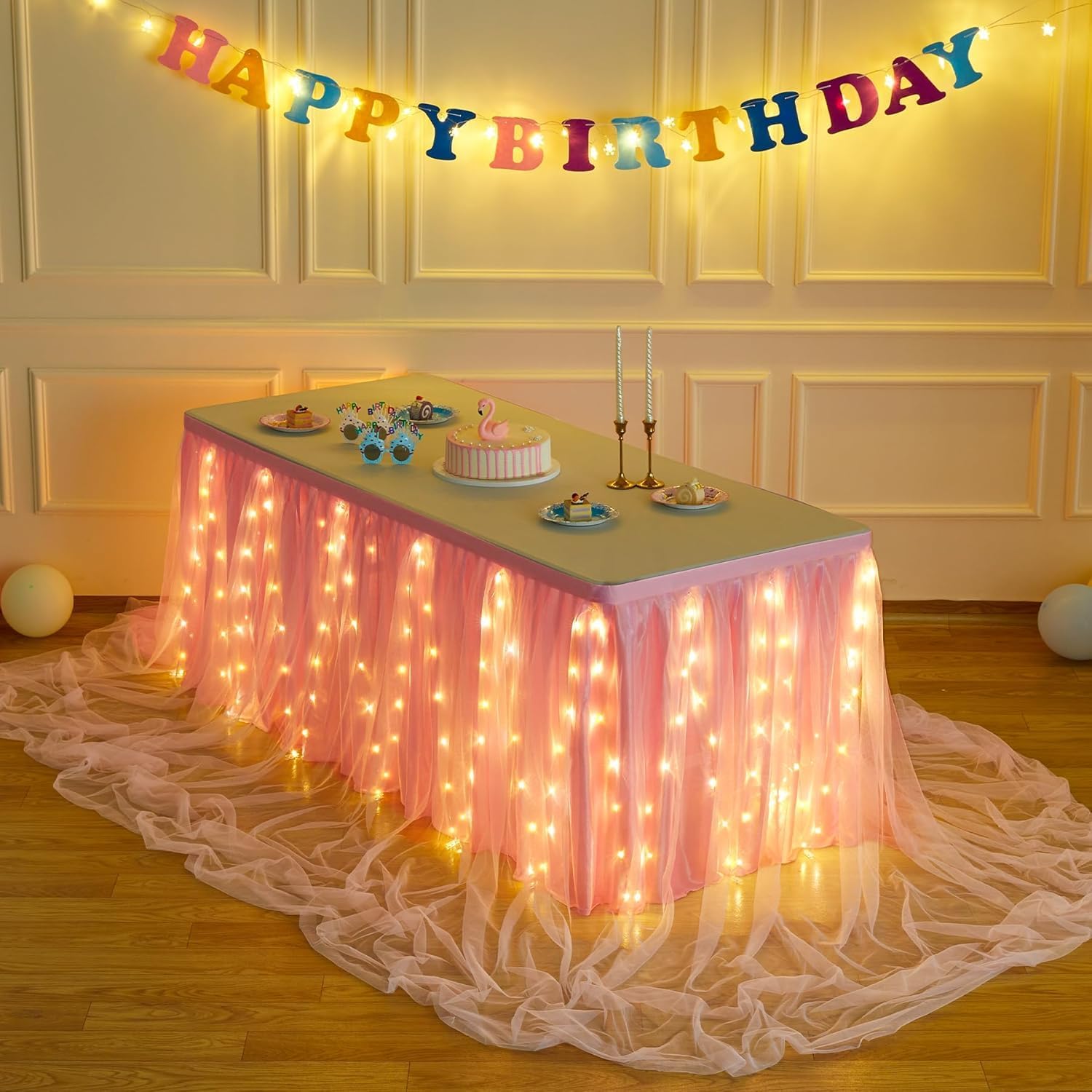 Thumbnail 6 de HB HBB MAGIC Jupe de table en tulle rose à lumière LED (HBBMAGIC) à volants