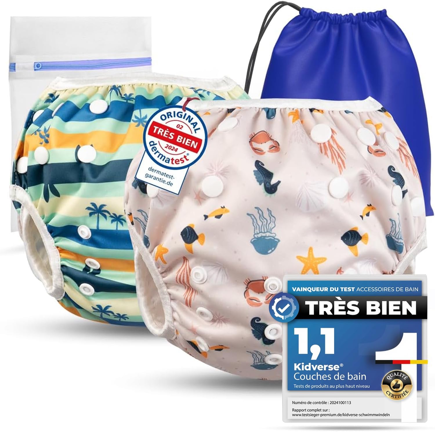 KIDVERSE 2er-Set Schwimmwindel Baby (0–3 Jahre) – wiederverwendbare Badehose mit Größenverstellung, Tragetasche & Wäschenetz