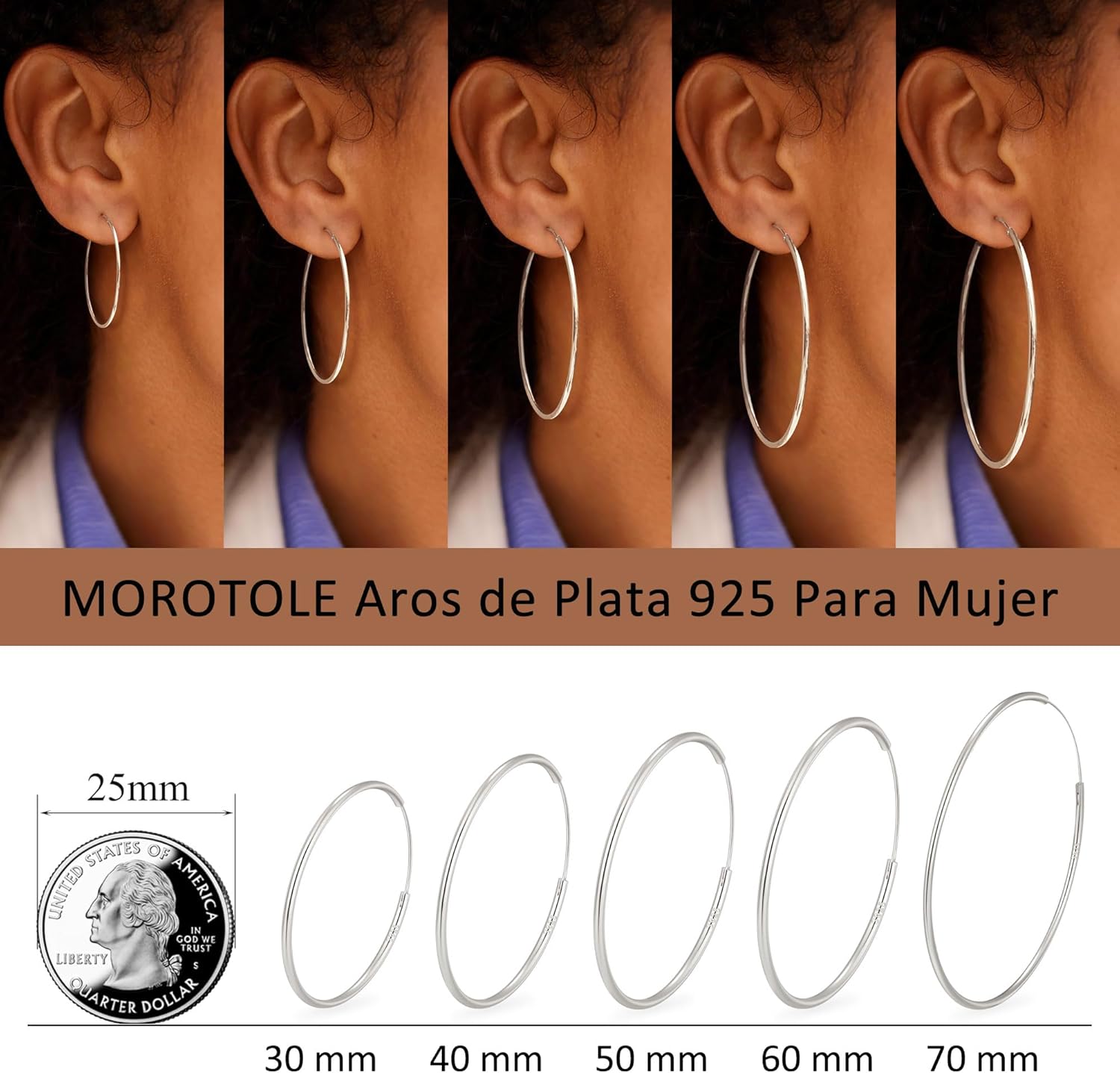 Detalle de Pendientes de aro MOROTOLE en plata de ley 925 grandes para mujer