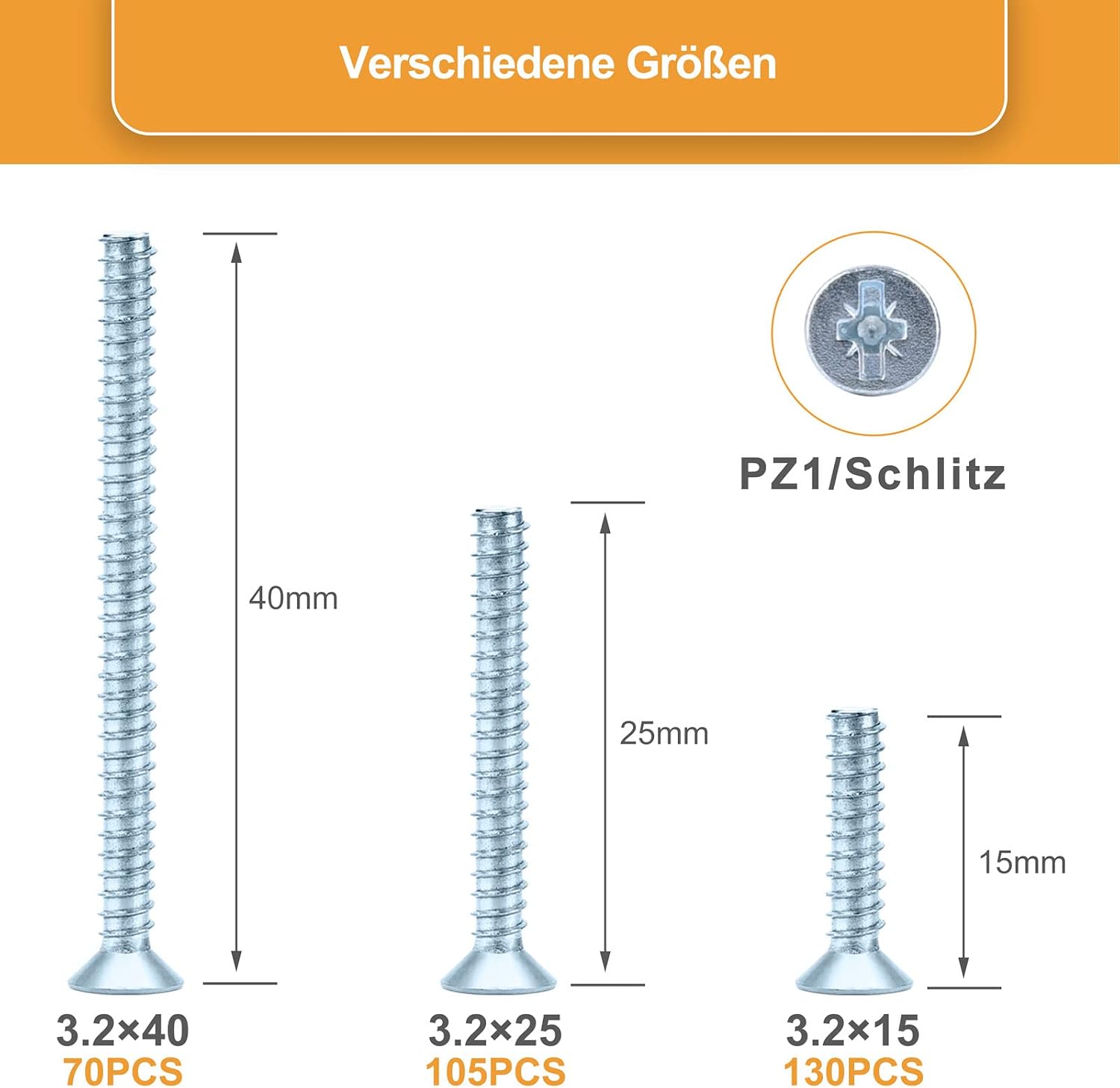 Thumbnail 1 de VIGRUE 305 Stück Geräteschrauben für Schalterdosen – 3,2 x 15/25/40 mm, verzinkte Stahl-Schrauben (PZ1/Schlitz)