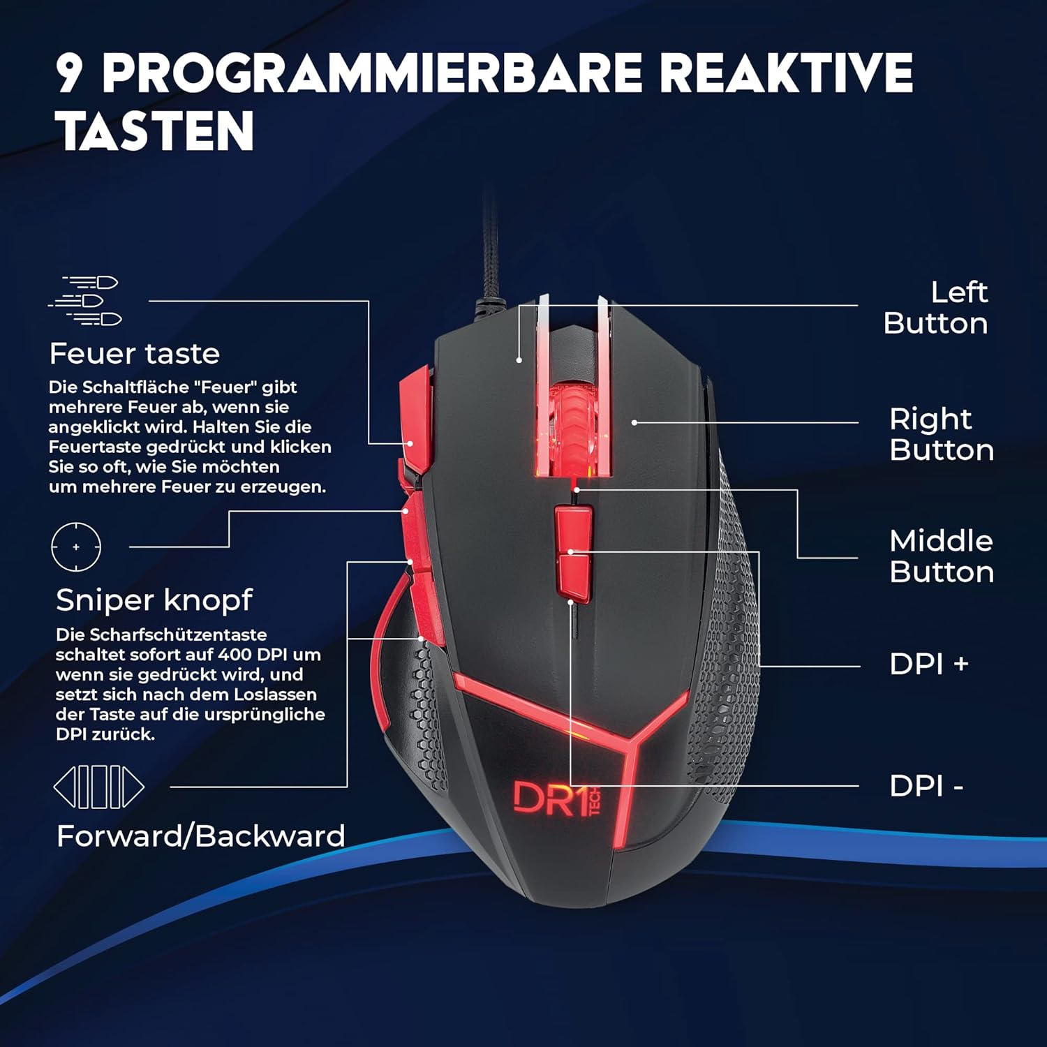 Detalle de DR1TECH Hunter Professional Gaming Maus – kabelgebundene Profi-Maus mit 5 Gewichten und 4200 DPI