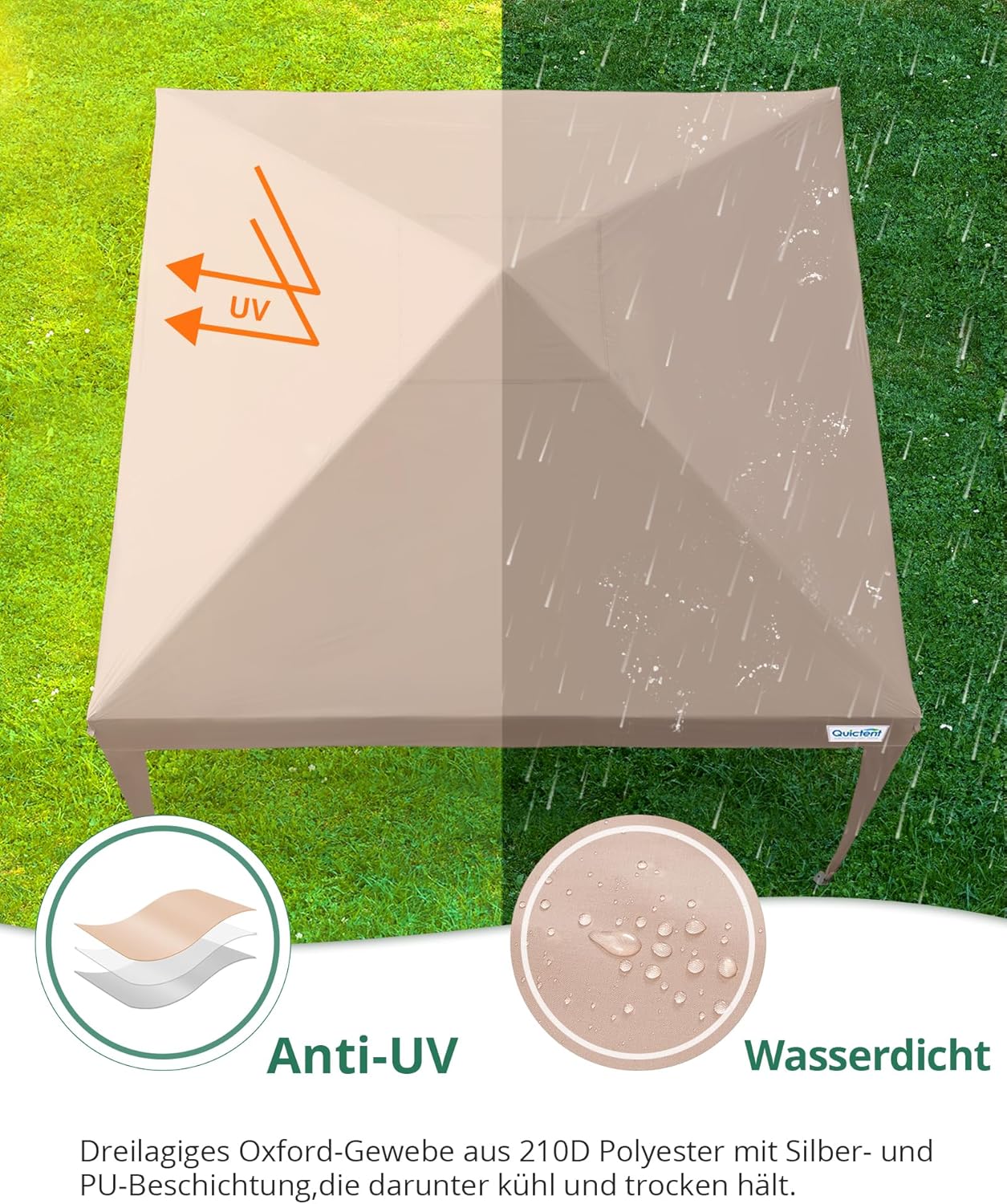 Detalle de Quictent Pavillon 3x3m mit 4 Seitenwänden – beige, wasserdicht