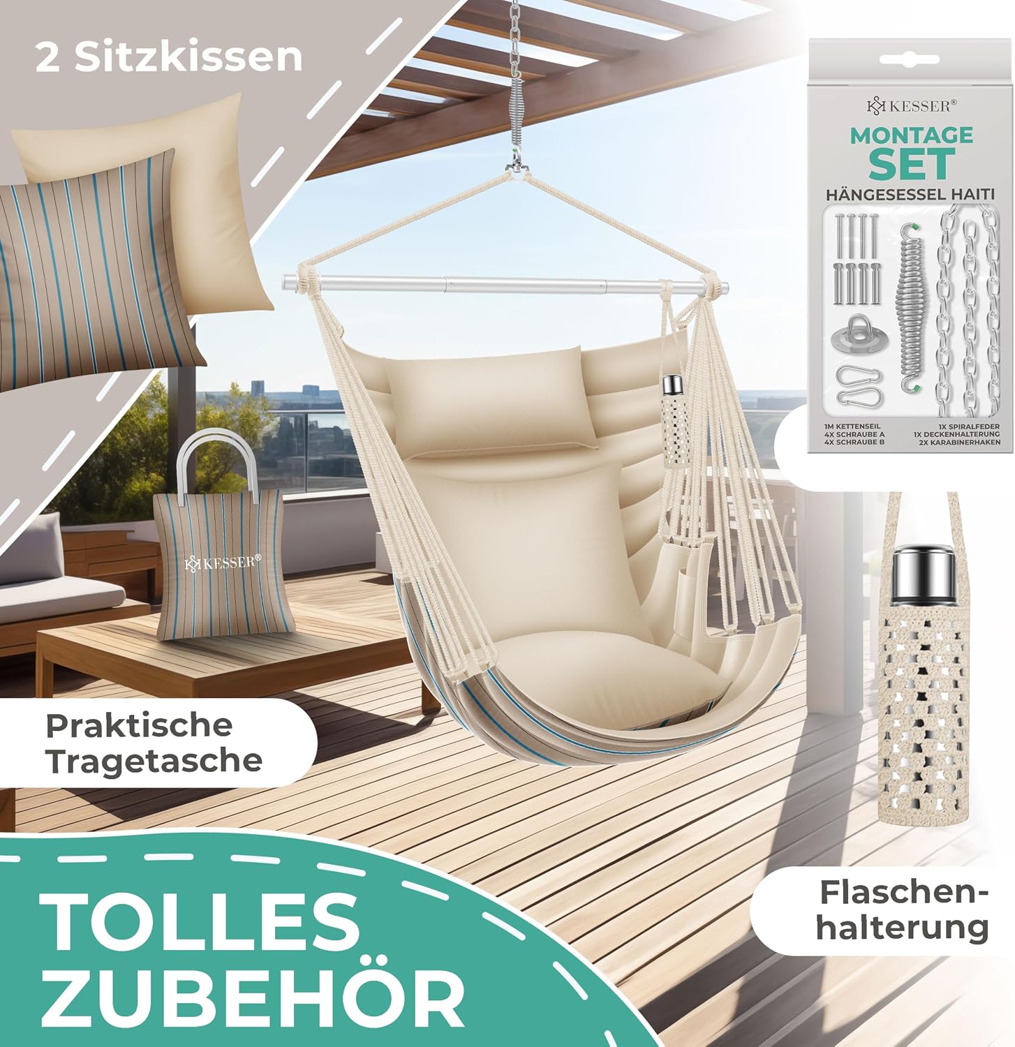 Detalle 2 de KESSER® Haiti Hängesessel – 150 kg Traglast, 360° Drehung, UV-beständig & Wasserfest