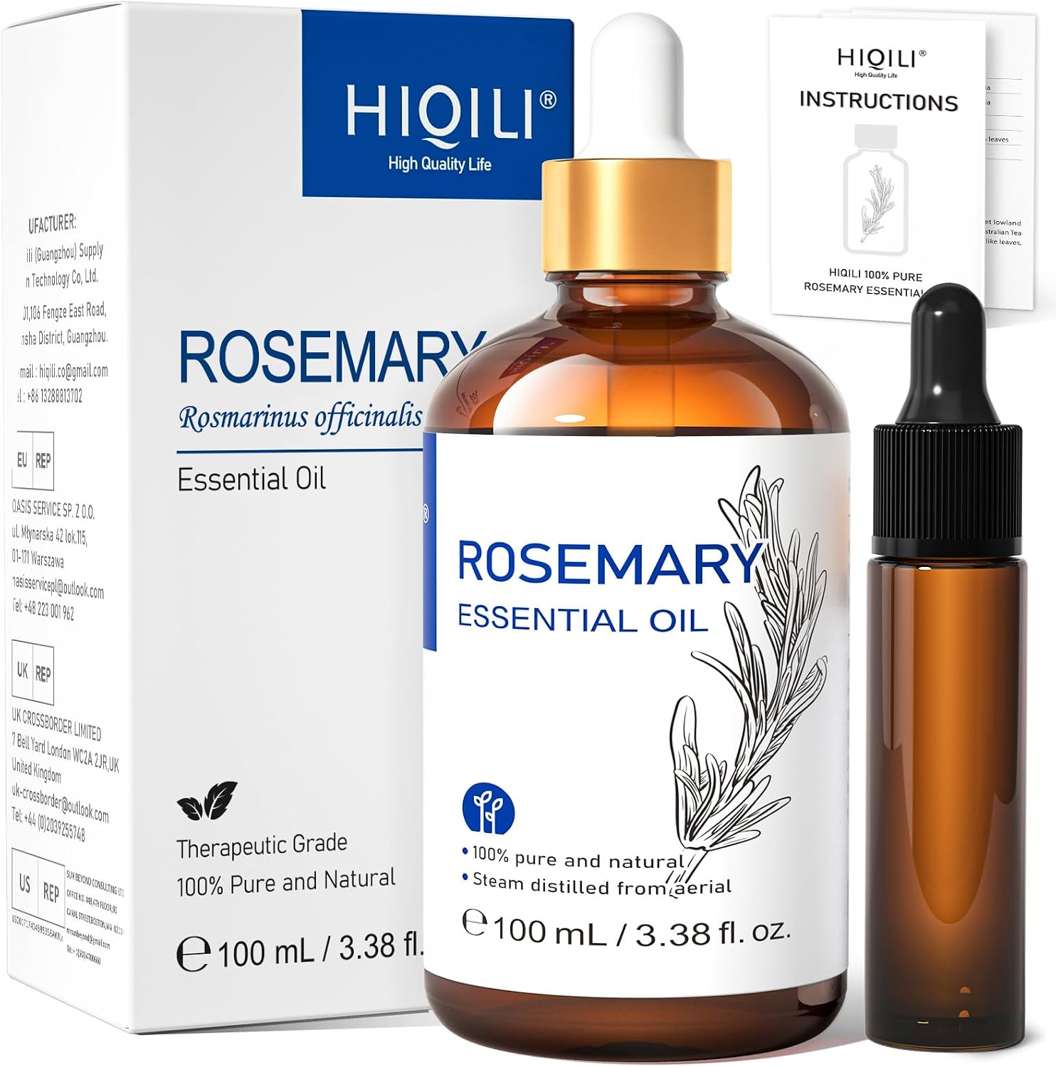 Detalle de HIQILI Rosemary Essential Oil for Hair, Diffuser & Aromatherapy – 100ml with 10ml Travel Bottle