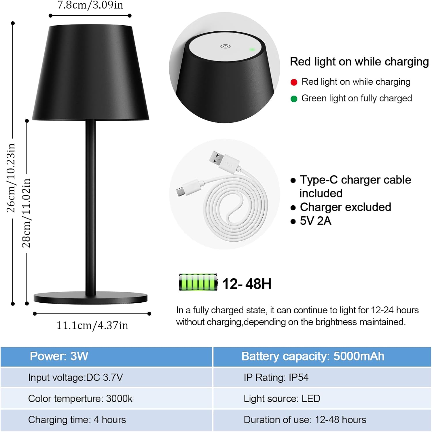 Detalle 1 de lundwa Dimmbare LED Akku Tischleuchte 26 cm