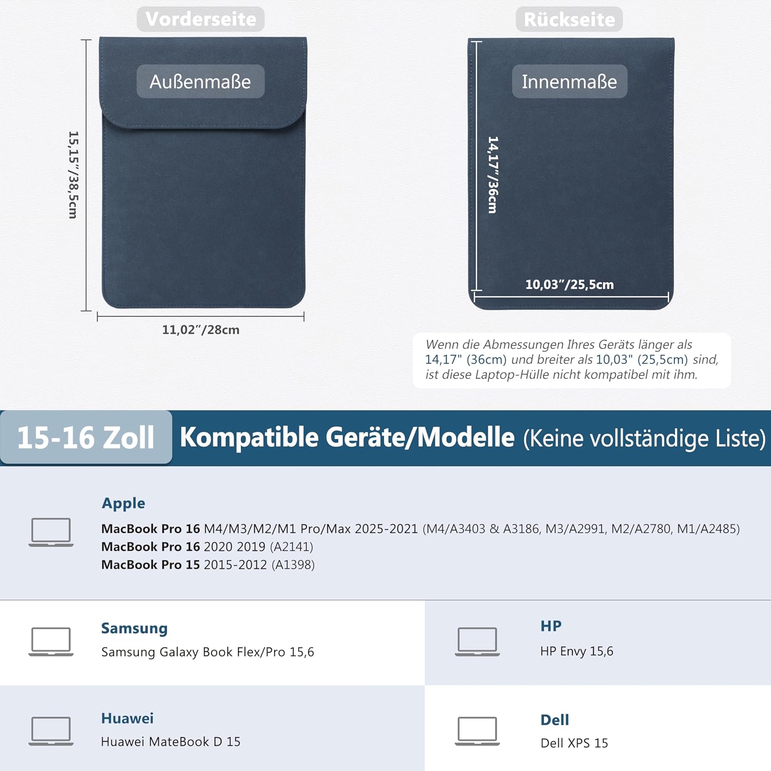 Detalle 2 de HYZUO Laptop Hülle für 15–16 Zoll (Kunstleder, Navy Blau) – passend u. a. für MacBook Pro 16/A3428/A3429/A3403/A3186