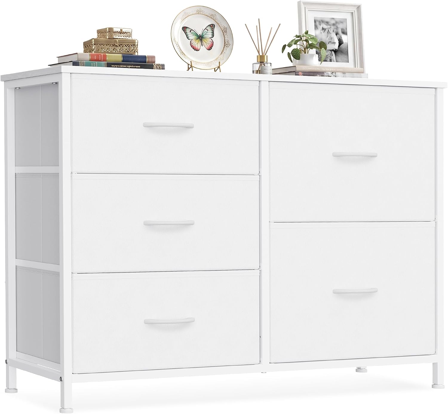 Detalle de SONGMICS LGS235W101 commode met 5 stoffen laden en houten bovenblad