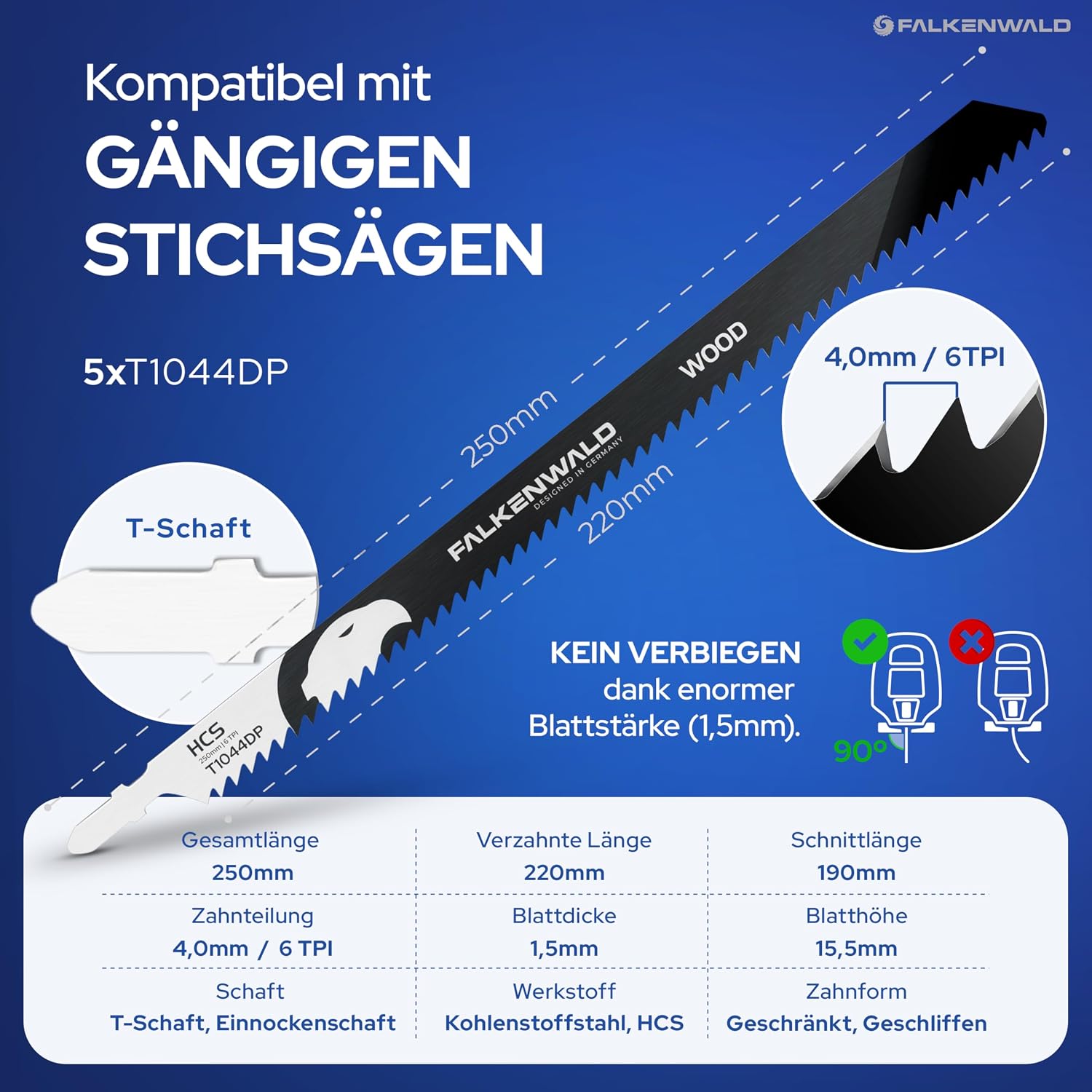 Thumbnail 1 de FALKENWALD® Stichsägeblätter Holz T1044DP – extra lang (250 mm) bis 190 mm Schnitttiefe, 6 TPI, T-Schaft