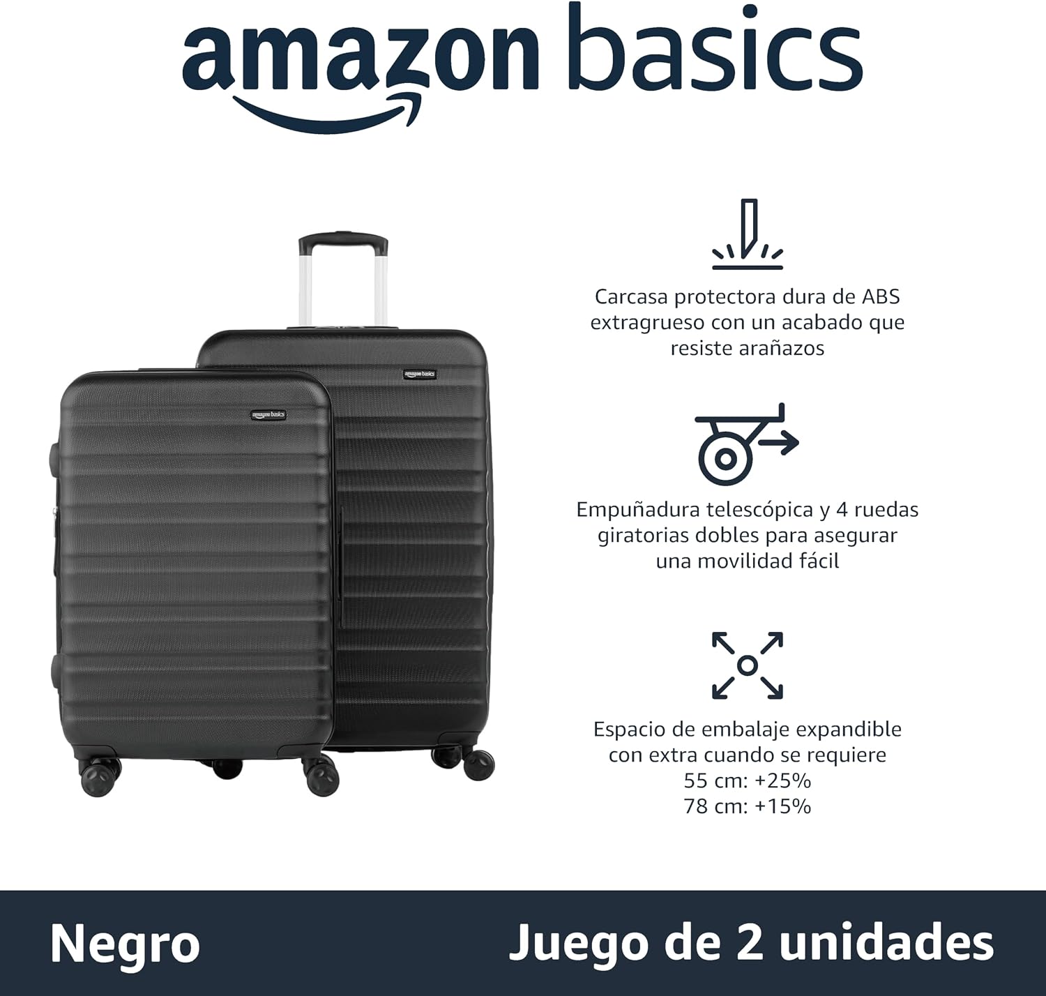 Thumbnail 1 de Amazon Basics Maleta Rígida ABS con 4 Ruedas Negras, Juego 2✈