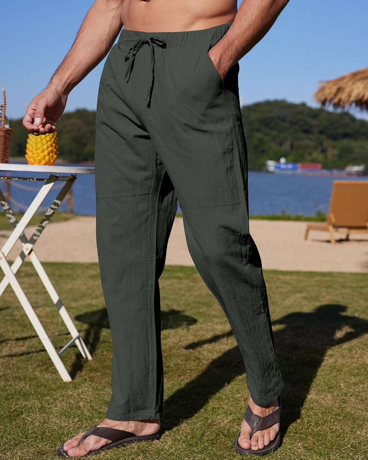 Thumbnail 1 de YAOBAOLE Pantalon homme en lin et coton décontracté – toile légère à taille élastique