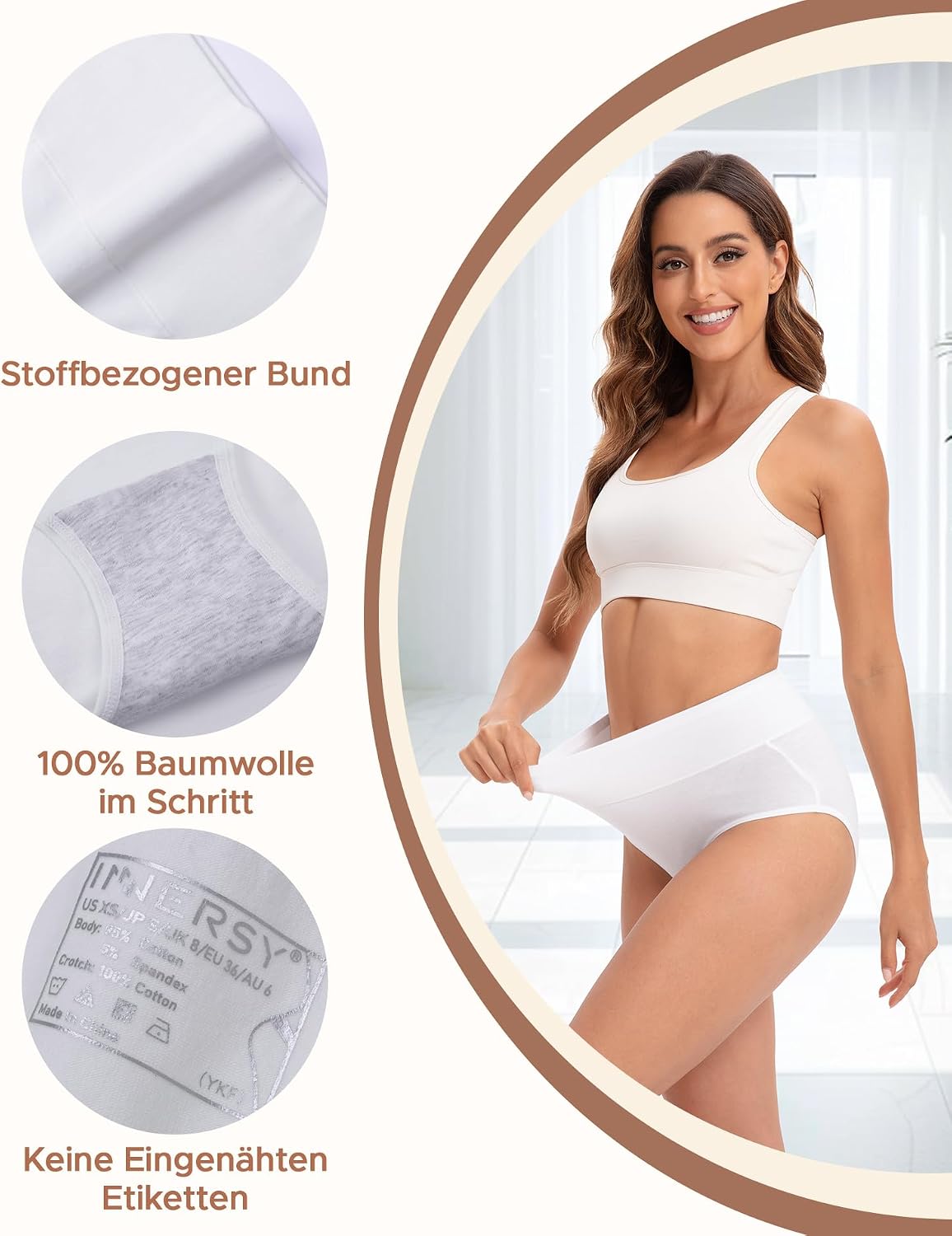 Detalle 2 de INNERSY Damen-Slips mit hoher Taille (Baumwolle, Stretch) – 5er Pack