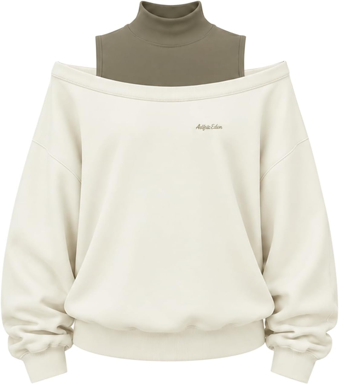 Detalle de Aelfric Eden Boxy Off-the-Shoulder Mock Neck Sweatshirt with Color-Block Detail