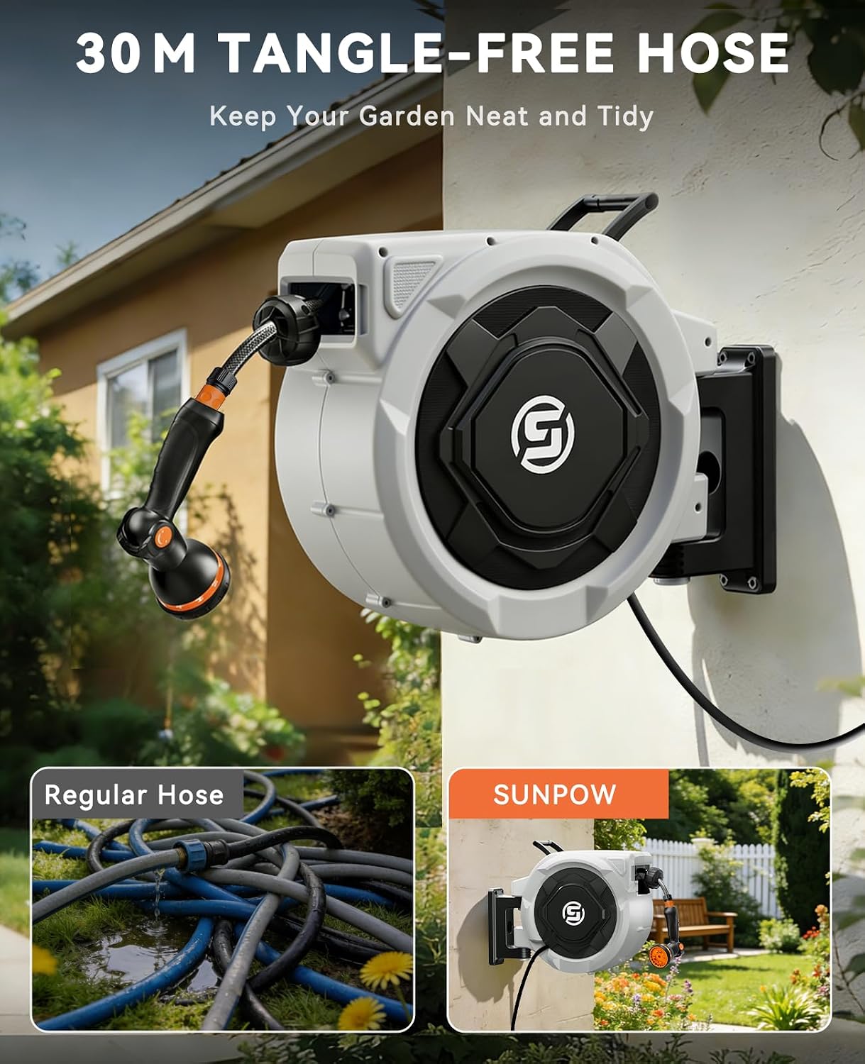 Thumbnail 1 de SUNPOW Retractable Hose Pipe – 16mm x 30m Heavy Duty Wall-Mounted Reel with 10-Function Nozzle