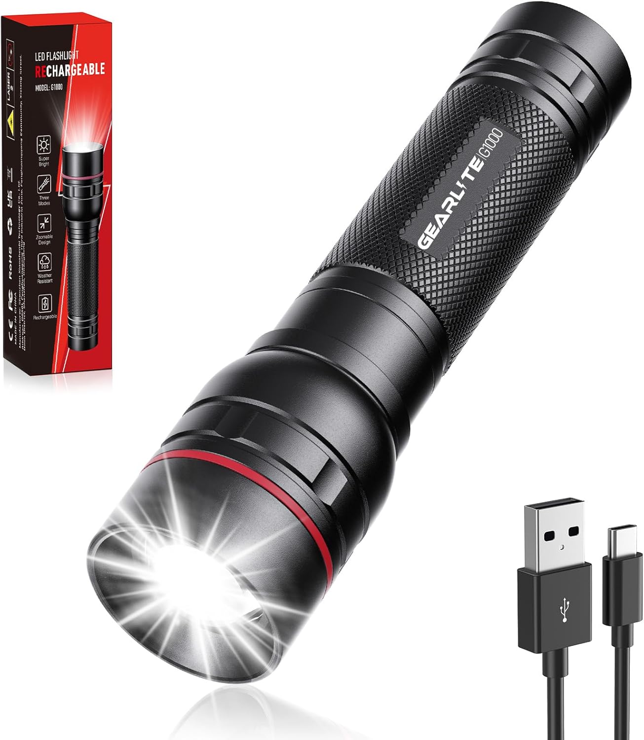 Detalle de GEARLITE Taschenlampe LED Aufladbar – 2000 Lumen, kompakt, IP65, USB‑C Aufladung