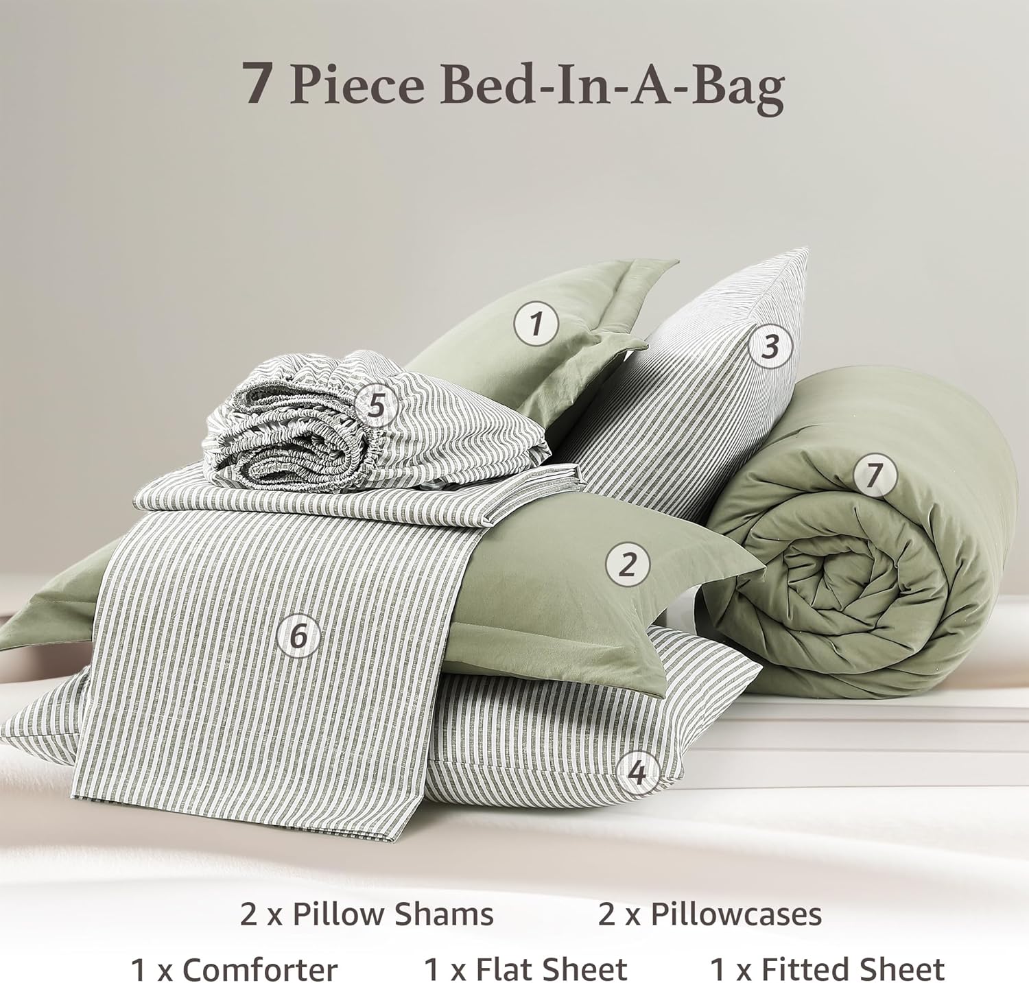 Thumbnail 6 de Monbix Queen Comforter Set - 7 Pieces Green Prewashed Bed in a Bag