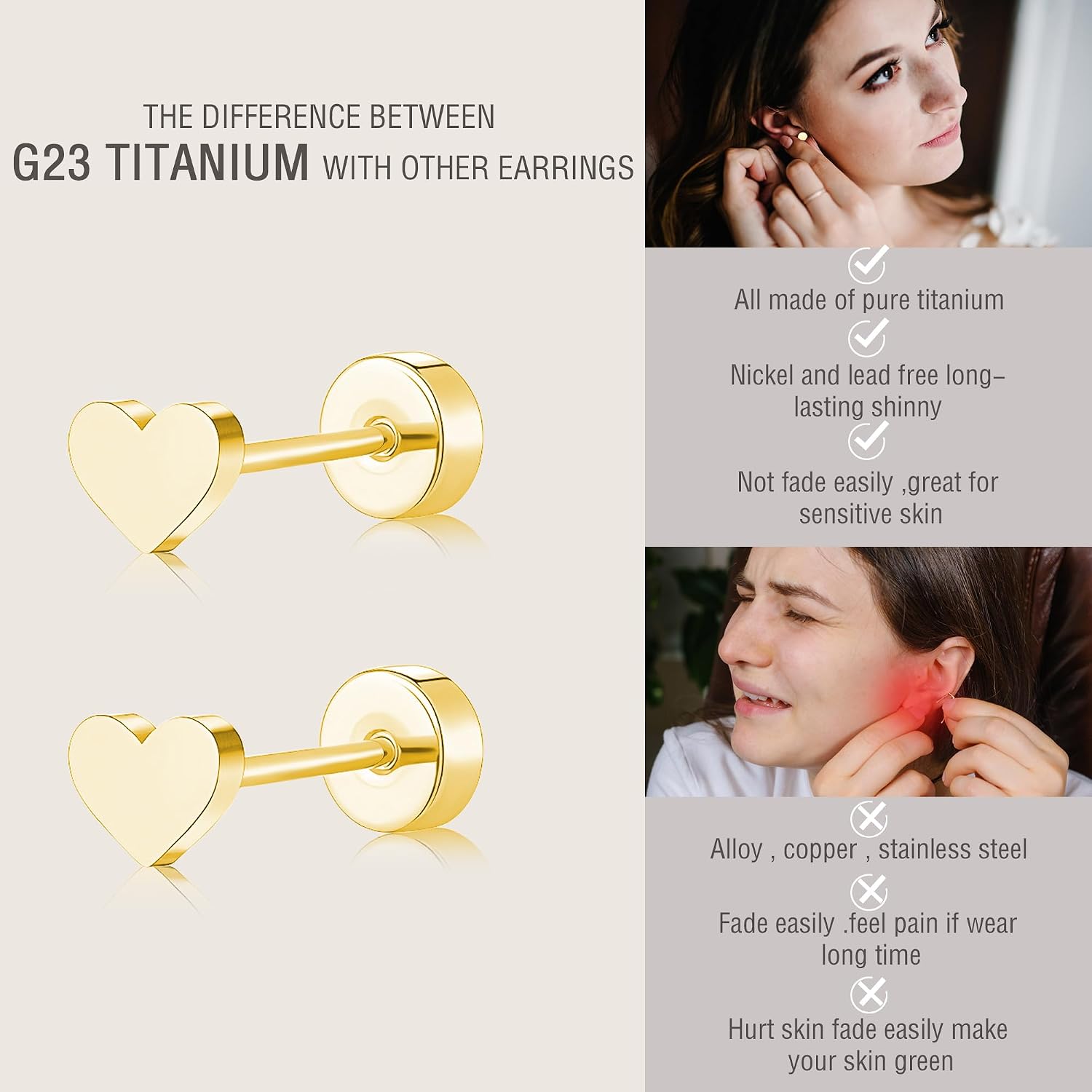 Detalle 2 de ZDE Titan Damen Flat Back Herz-Ohrstecker aus G23-Titan – nickelfrei, hypoallergen, 5 mm