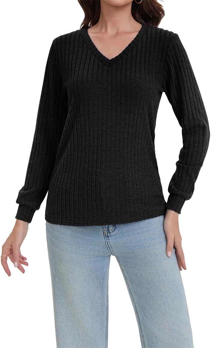 Detalle 2 de Haslike geribbelde damest-shirt met lange mouwen en V-hals