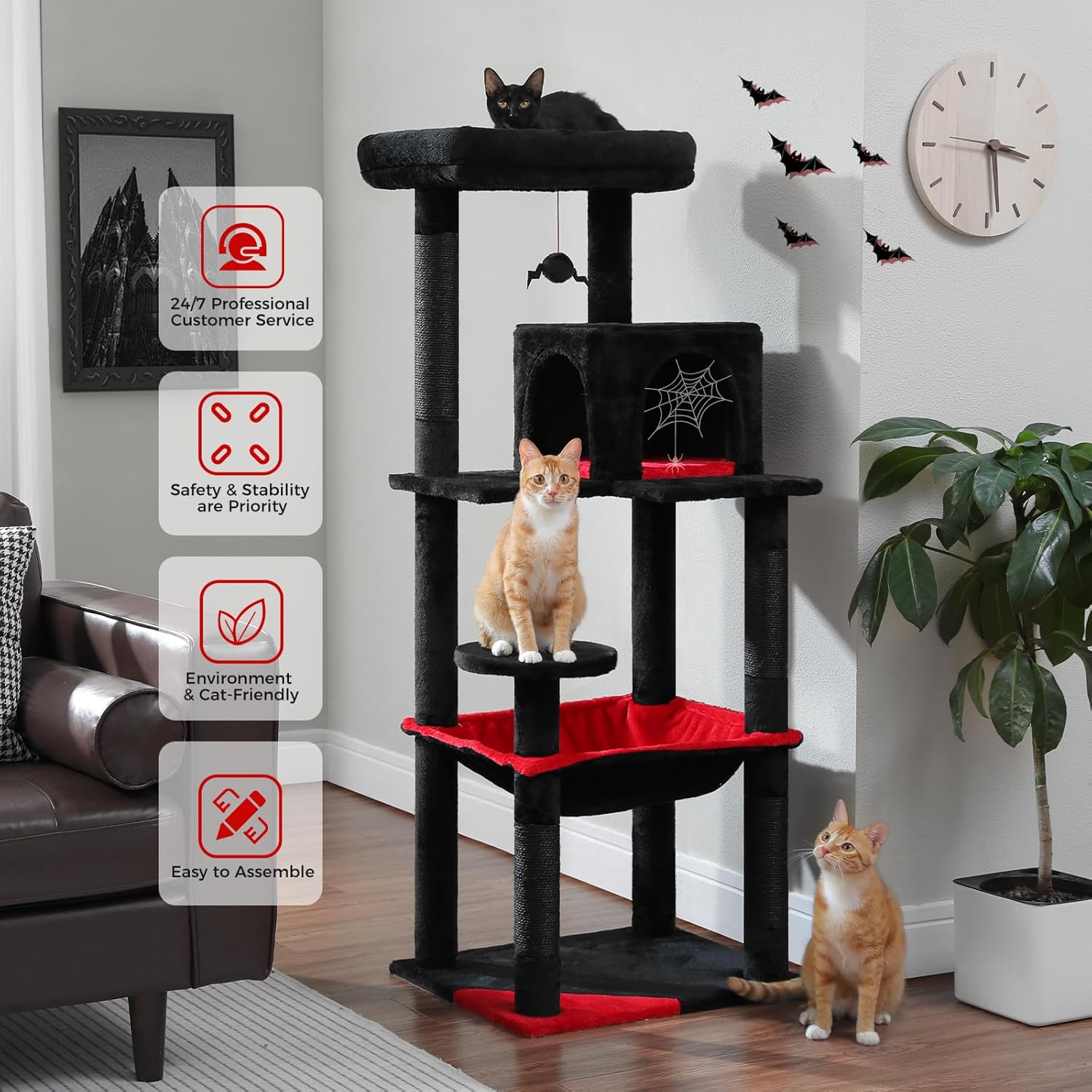 Thumbnail 5 de PAWZ Road 143cm cat tree with metal frame, big hammock and 2-door condo house (black)