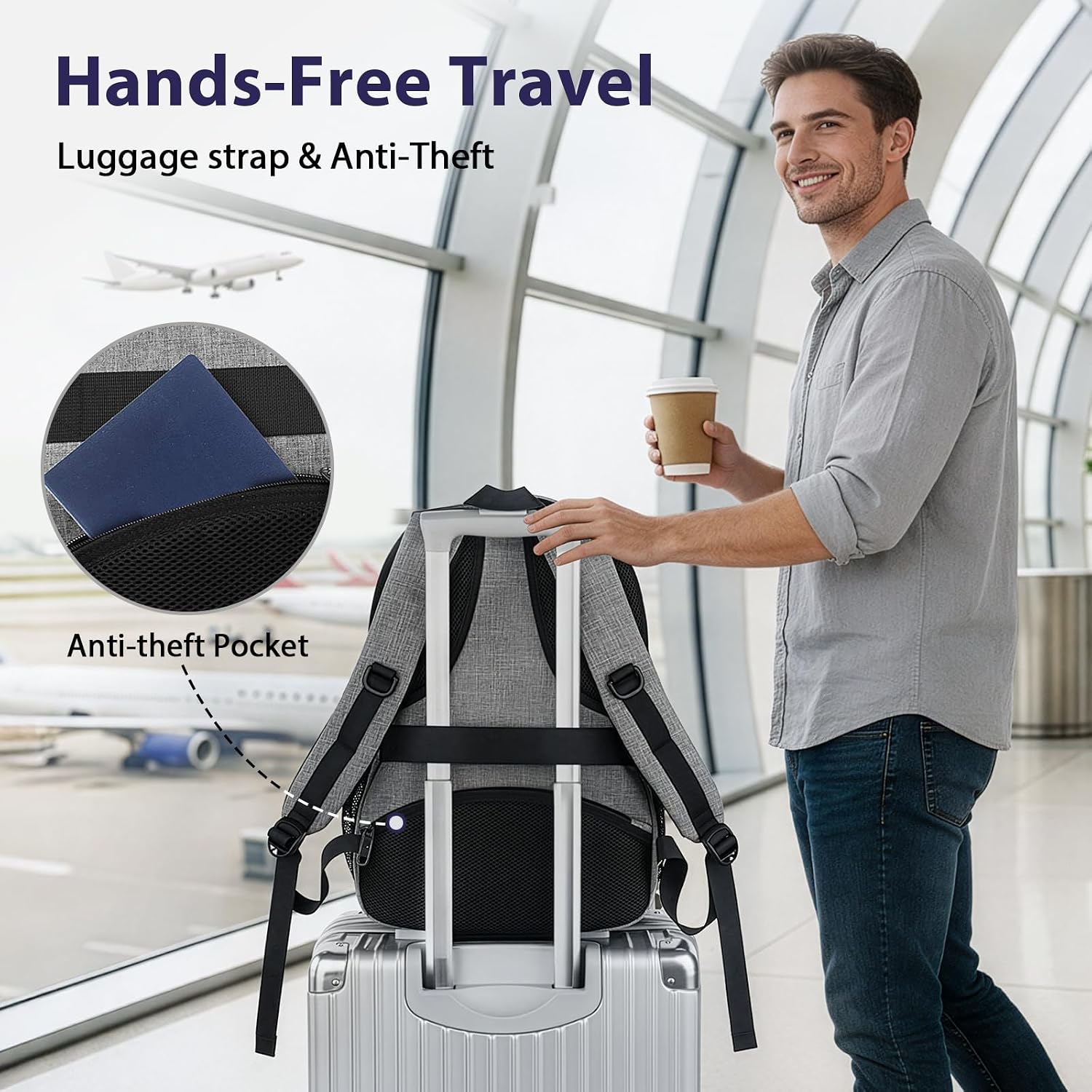 Detalle 2 de MATEIN Zaino Porta PC 17 pollici con porta USB e TSA-friendly grigio