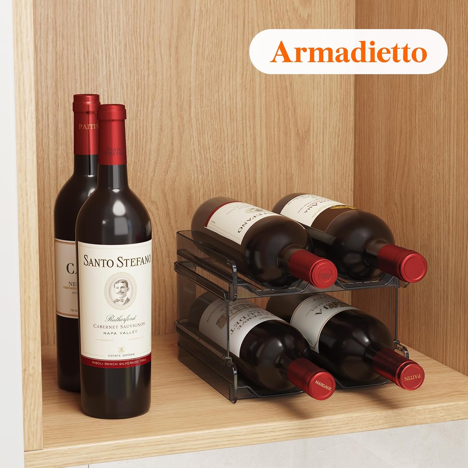 Detalle de Lifewit Portabottiglie impilabile in plastica per frigo e dispensa (set da 2) da 8 bottiglie, nero