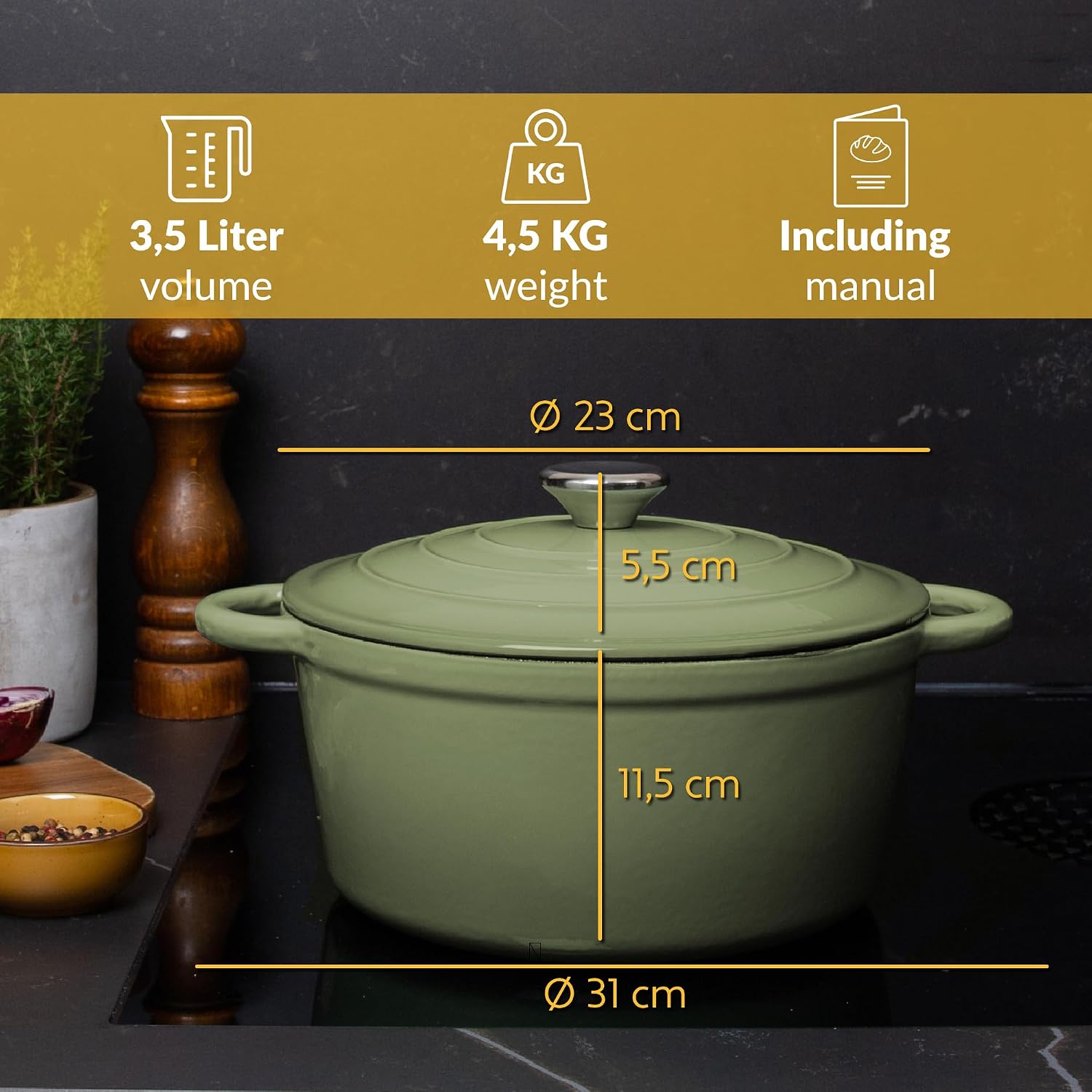 Detalle de Chefarone CHEF000073 emaliowany garnek żeliwny 24 cm, 3,5 l z pokrywką