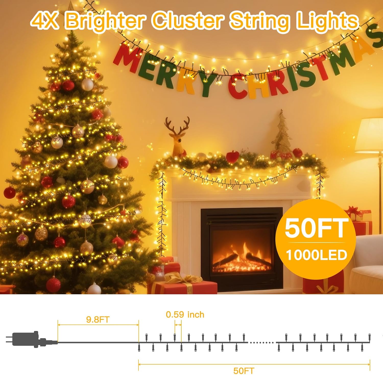 Detalle de Cosyglim QX-U-O-S-1000-1-A Cluster String Lights, 1,000 Warm White LEDs, 50 ft