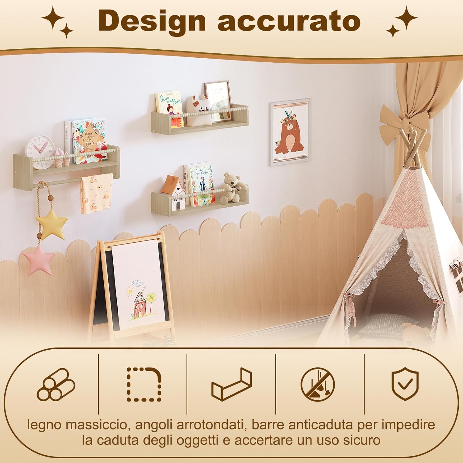 Thumbnail 6 de WOLTU set di 3 librerie da parete per bambini in legno massello, 50 cm