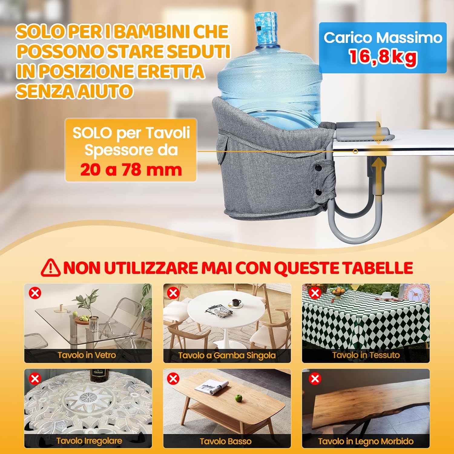 Thumbnail 3 de Orzbow seggiolino da tavolo per bambini con imbracatura a 5 punti, tappetini imbottiti e borsa grigia