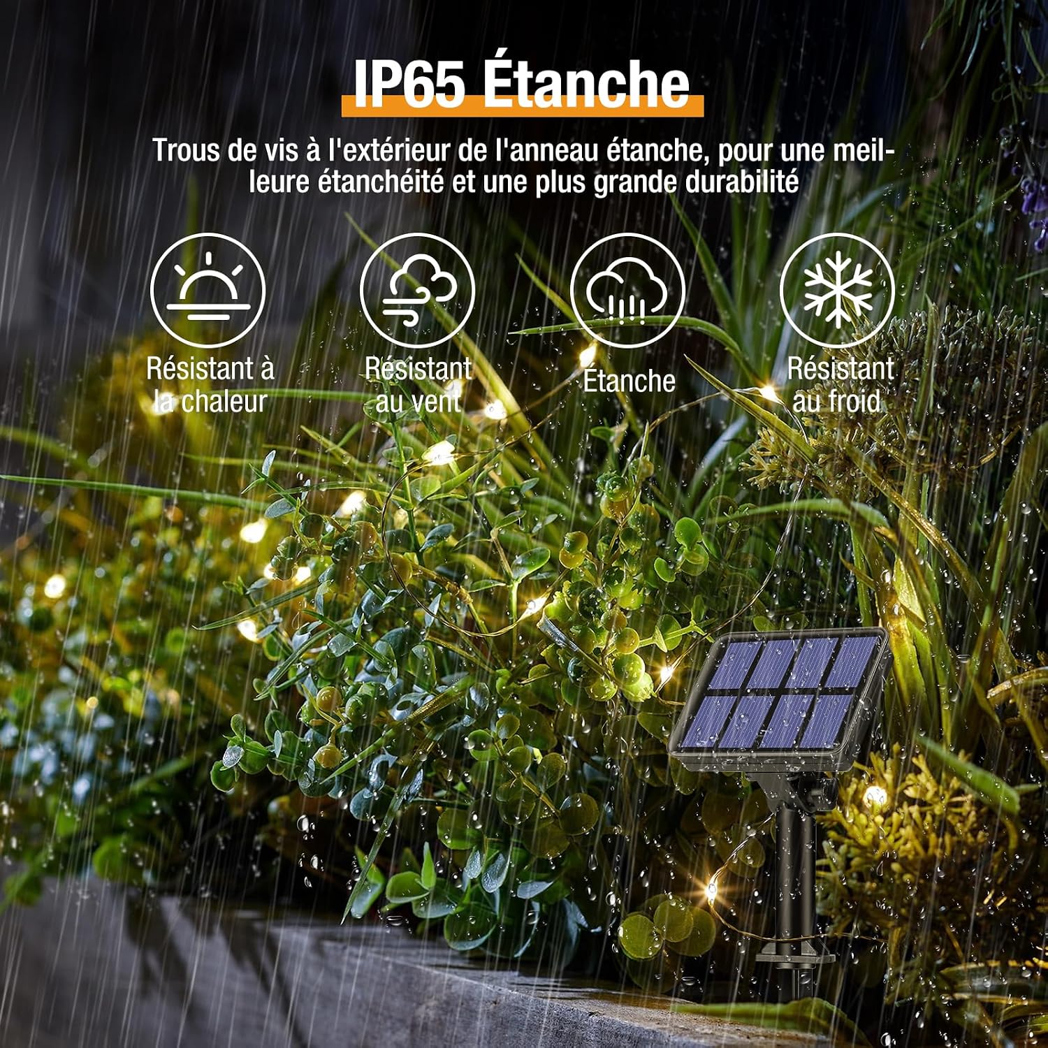 Detalle de Lot de 2 Guirlandes Solaires Extérieures Totale 16 m – 160 LED Blanc Chaud, Étanches, 8 Modes, pour Jardin et Fête